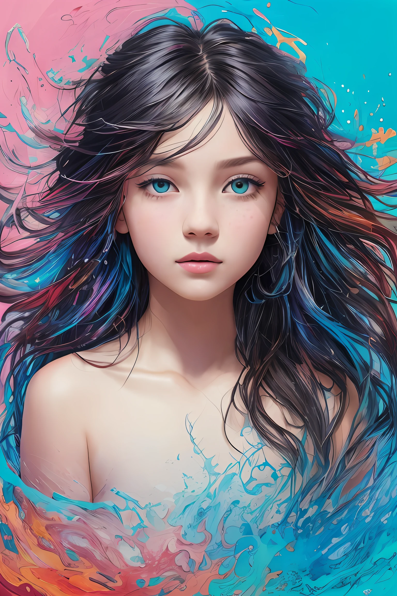 Colorful beautiful girl: a giru 8-, messy hair, oil painting, nice perfect face with soft skinice perfect face, blue yellow colors, light purple and violet additions, light red additions, intricate detail, splash screen, 8k resolution, masterpiece, cute face,artstation digital painting smooth veryBlack ink flow: 8k resolution photorealistic masterpiece: intricately detailed fluid gouache painting: by Jean Baptiste Mongue: calligraphy: acrylic: watercolor art, professional photography, natural lighting, volumetric lighting maximalist photoillustration: by marton bobzert:, complex, elegant, expansive, fantastical, wavy hair, vibrant