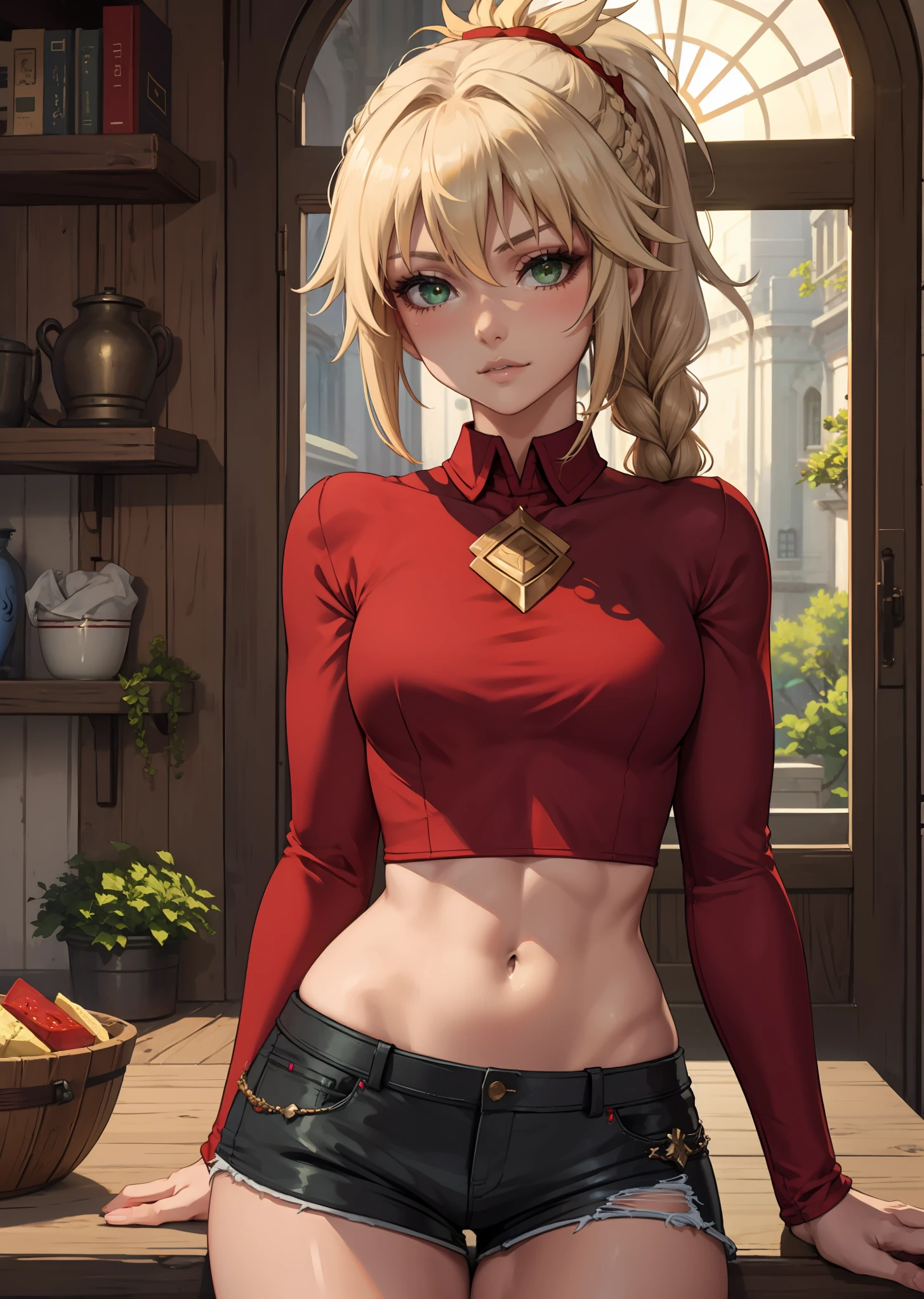 Beautiful, Masterpiece, Best Quality, extremely detailed face, perfect  lighting, mordred \(fate\), a 1girl, 独奏, Green eyes, thinking, braid, stands, black shorts, blusher, 鎖骨, crop-top, plate armor, looking a viewer, little chest, Red shirt, Shirt, wide thighs, upper-body,