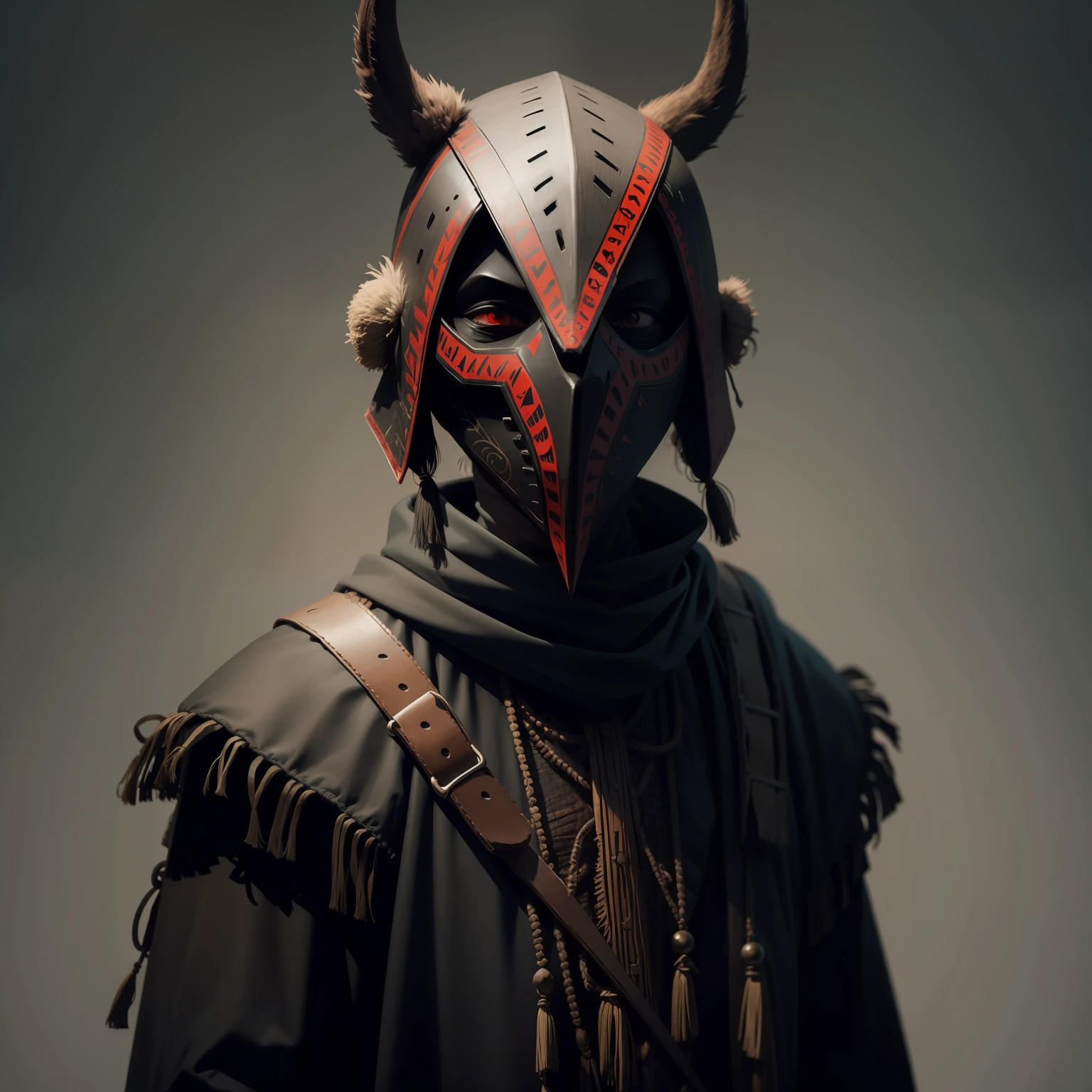 cannibal tribal masked figure on a minimalistic background, creepy, dark, cannibal,