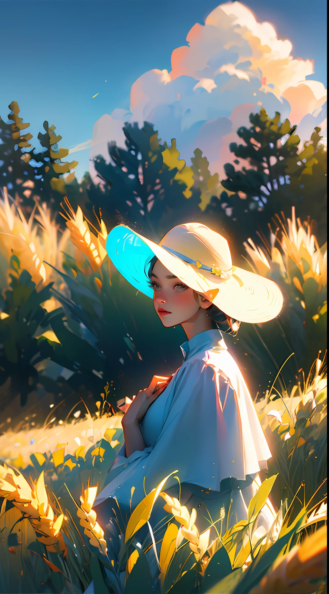 A peasant with a straw hat is in a wheat field, grandes nuvens, blue skies, campo de arroz, mudas de arroz puro no campo, floresta, encosta, isolado, campo, detalhe HD, hiperdetalhe, cinemactic, surrealismo, luz suave, foco de campo profundo bokeh, ray tracing e surrealismo. --v6