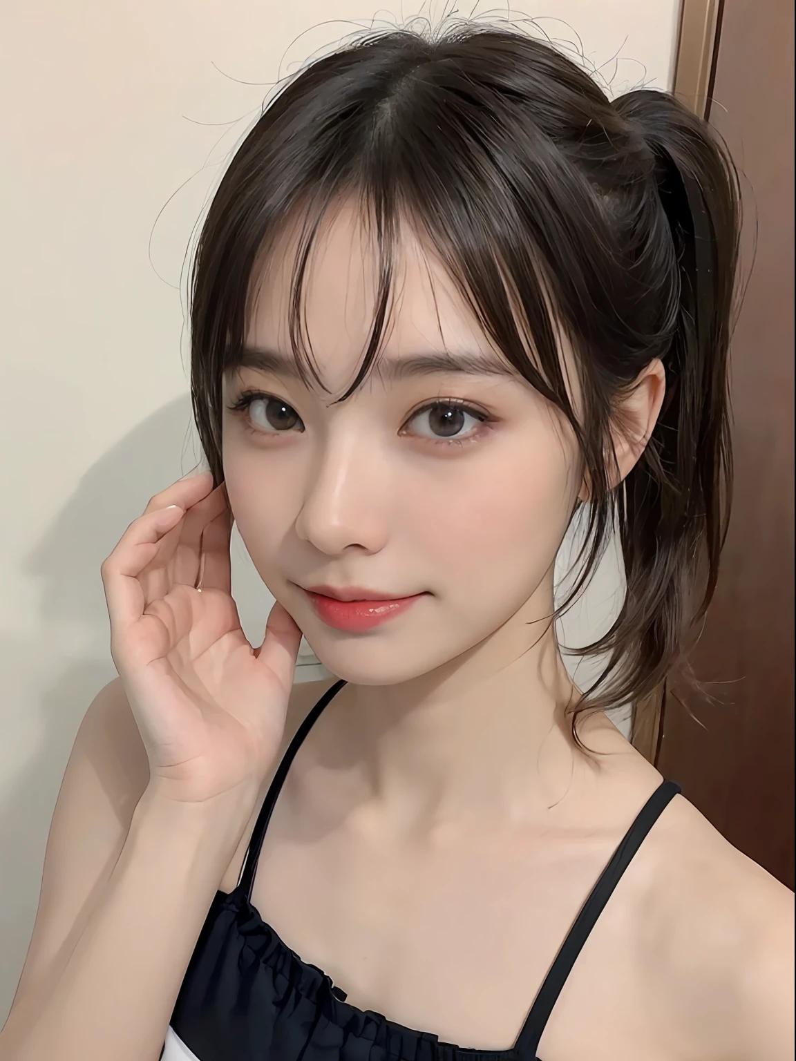 ((top-quality、in 8K、masterpies:1.3))、1girl in、Beautiful woman with slim abs accent:1.3、Super Detail Face、Delicat eyes、二重まぶた、full body Esbian、poneyTail、20yr old、Brown hair、Street、A smile、wave her hand、run、The bikini、swim wears
