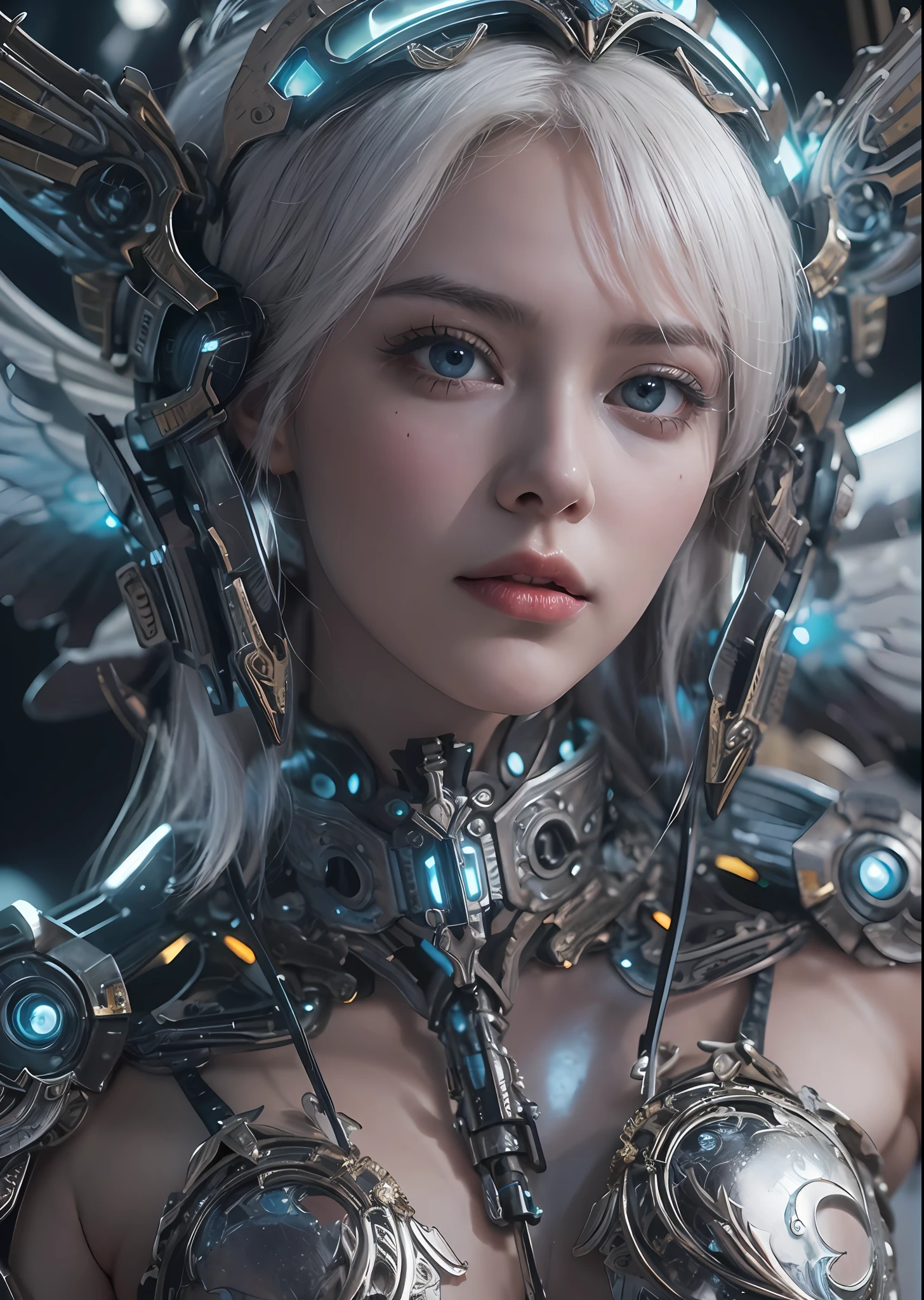 top-quality、masterpiece、超A high resolution、(Photorealsitic:1.4)、Raw photo、Steampunk Cyborg Angel、large wings made of metal、White porcelain body、white hair、glowy skin、1 Cyborg Girl、((super realistic details))、portlate、globalillumination、Shadow、octan render、8K、ultrasharp、character edge light,Colossal tits、Raw skin is exposed in cleavage、Details of complex ornaments、Acrylic Clear Cover、Sumerian details、Hydraulic cylinder、Small LED lamp、highly intricate detail、Realistic light、a purple eye、radiant eyes、Facing the camera、neon details、cowboy shot、Futuristic headgear、About Cyberpunk、、