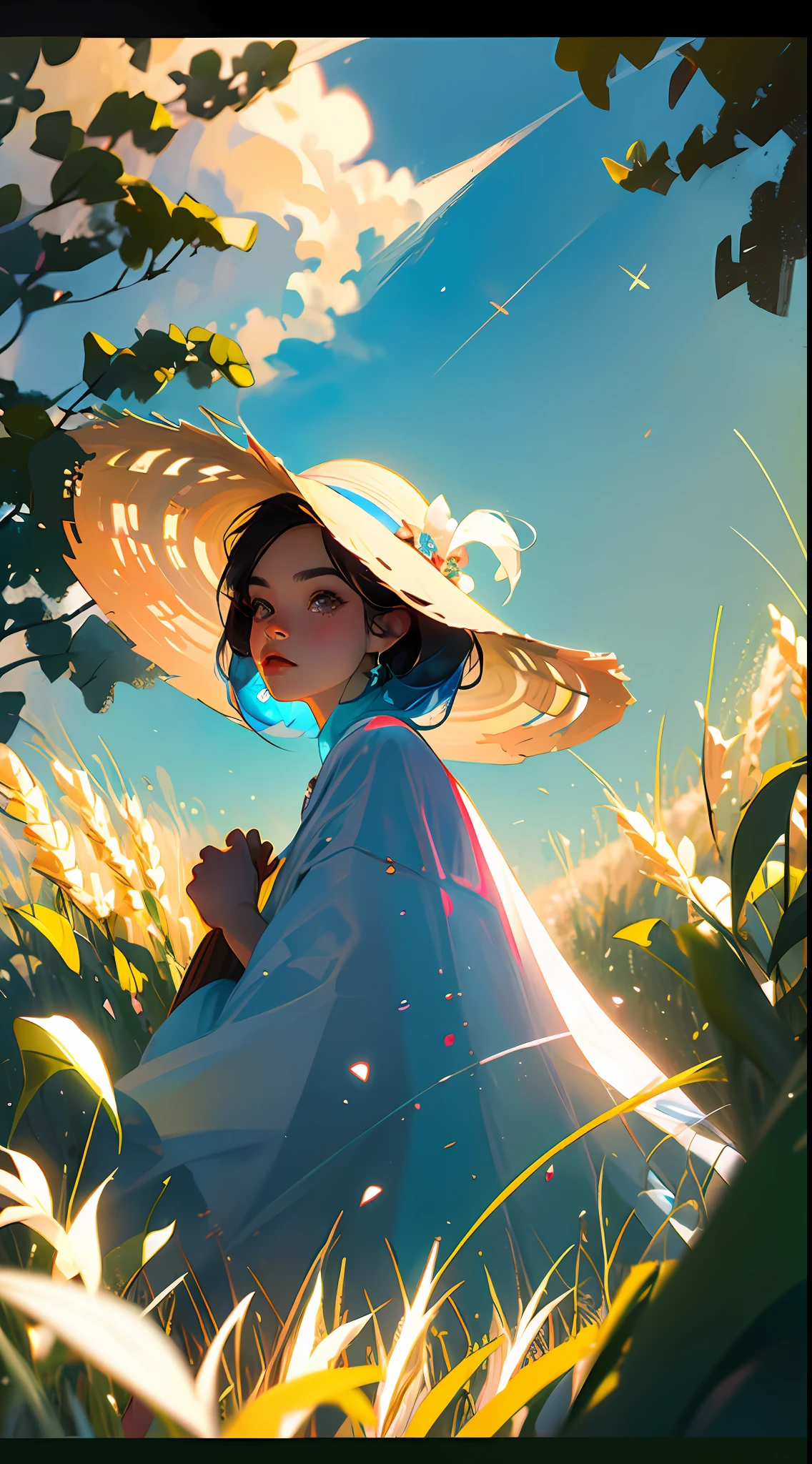 A peasant with a straw hat is in a wheat field, grandes nuvens, blue skies, campo de arroz, mudas de arroz puro no campo, floresta, encosta, isolado, campo, detalhe HD, hiperdetalhe, cinemactic, surrealismo, luz suave, foco de campo profundo bokeh, ray tracing e surrealismo. --v6