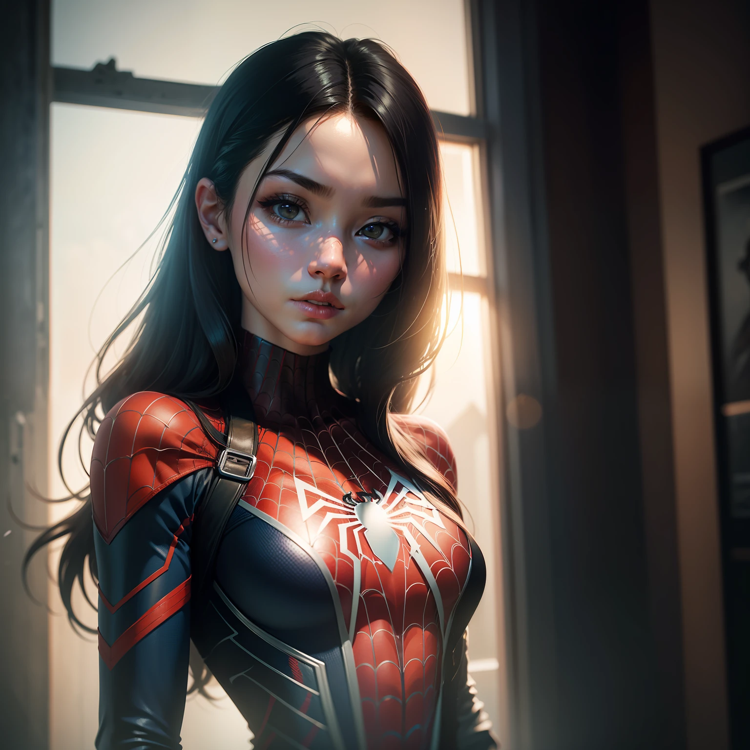 Jenny Kim(jennie) Beautiful photo in Spider-Man costume，A stunning intricate full-color photo (sks woman:1)，Epic character composition，author：ilya kuvshinov、alessio albi、nina masic、Sharp focus、natural  lightting、sub surface scattering、f2、 35mm，filmgrain，
