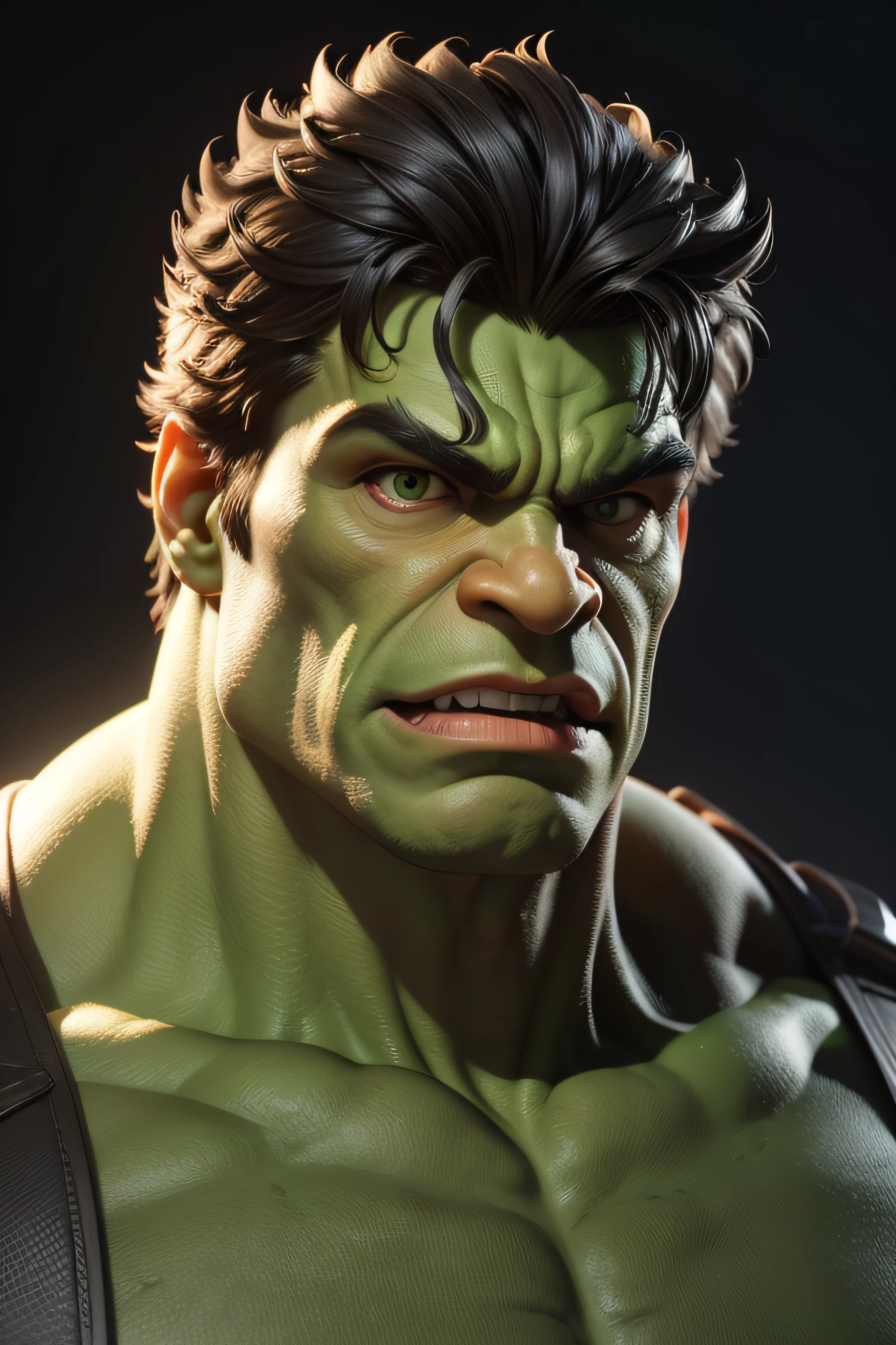 Hulk, Criatura Verde, Personagem da Marvel, Fundo negro, various lights, Hulk com muita raiva, obra-prima, melhor qualidade, trabalho de rending 3d, estilo 3DMM, close-up, retrato, 3D, 1Hulk, solo,