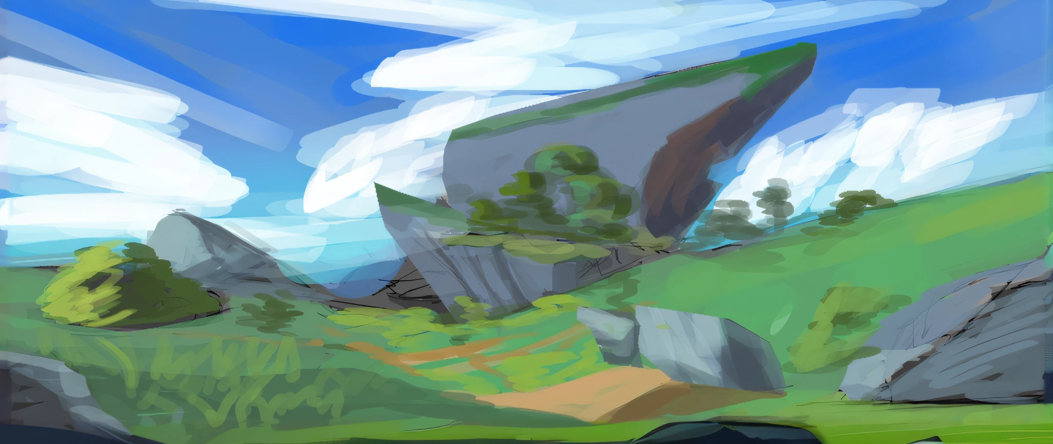 There is a painting of a mountain，There is a stone in the middle, Anime landscape,the detail. Digital painting, art station landscape, epic landscapes, speed painting, color study, painted landscape, A digital painting, digital landscape art, digital painted, digital 4k painting, gigantic landscape!, Detailed digital painting, rocky environment, arte de fundo