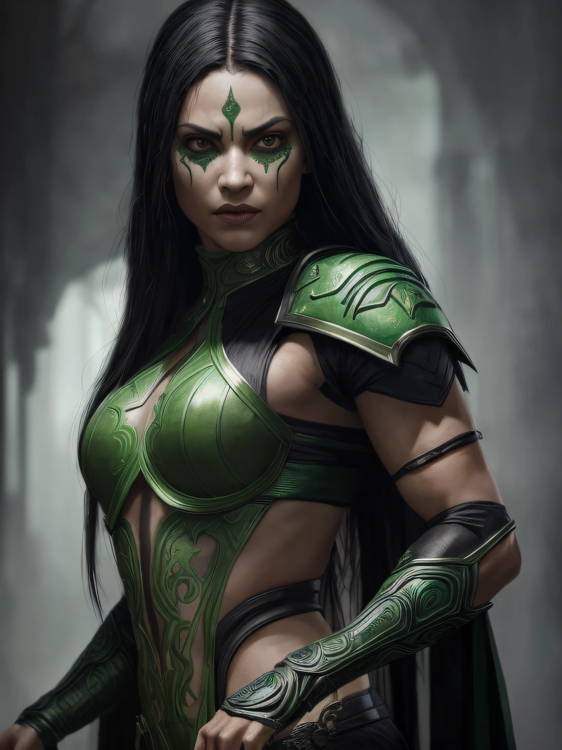 um retrato, jade de mortal kombat, olhos verdes detalhados, roupa sexy verde, capuz, veins in your arm, intrincado, alto detalhe, foco nítido, Dramatic and Photorealistic Painting Art by Greg Rutkowski