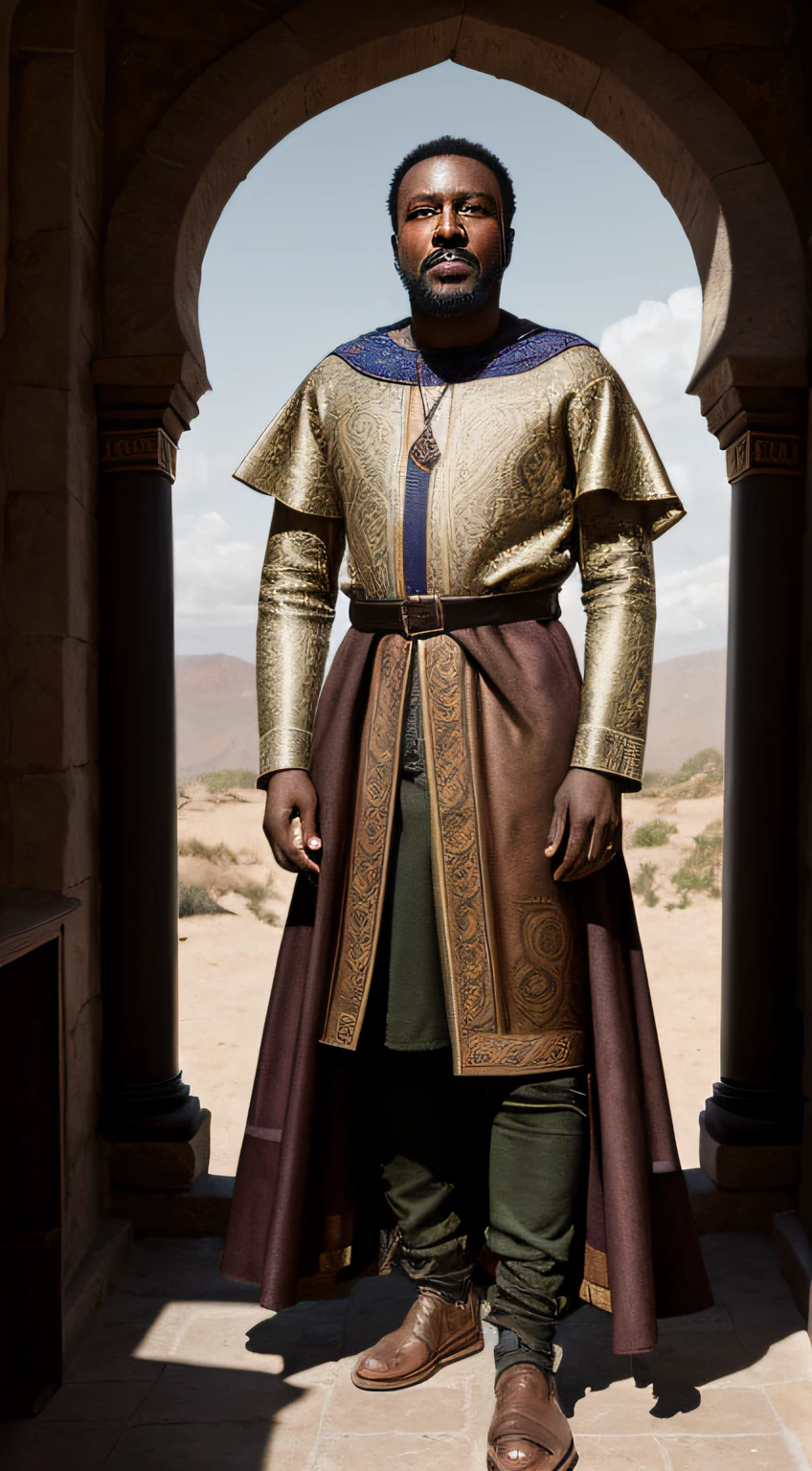 full body portrait of a blasian dark-skinned medieval fantasy 30 year-old man, almond-shaped eyes, hazel-colored eyes, medium well-kept hair, traditional fantasy north african nobleman's clothes, exotic, rich, elaborate, colorful, intricately decorated, patterned, in a medieval fantasy north african traditional town, (backlighting), realistic, masterpiece, highest quality, lens flare, shade, bloom, [[chromatic aberration]], by Jeremy Lipking, by Antonio J. Manzanedo, digital painting