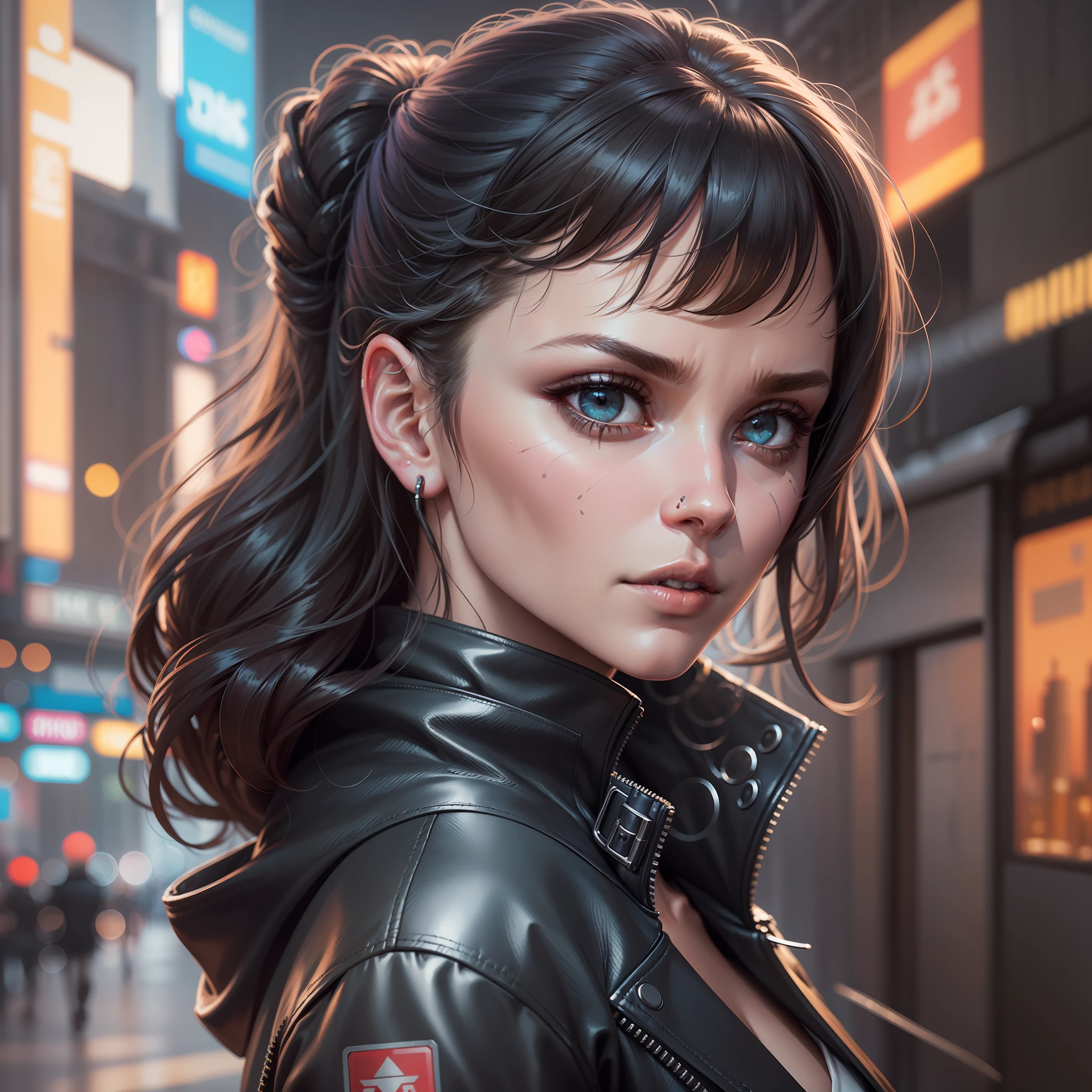 a close up of a woman in a leather jacket with a city in the background, avatar image, portrait of blade runner rachael, cyberpunk portrait, unreal 5. rpg portrait, portrait of a sci - fi woman, the cyberpunk girl portrait, inspired by Marek Okon, cgsociety portrait, portrait of a cyberpunk cyborg, cyberpunk jackie welles, scifi woman