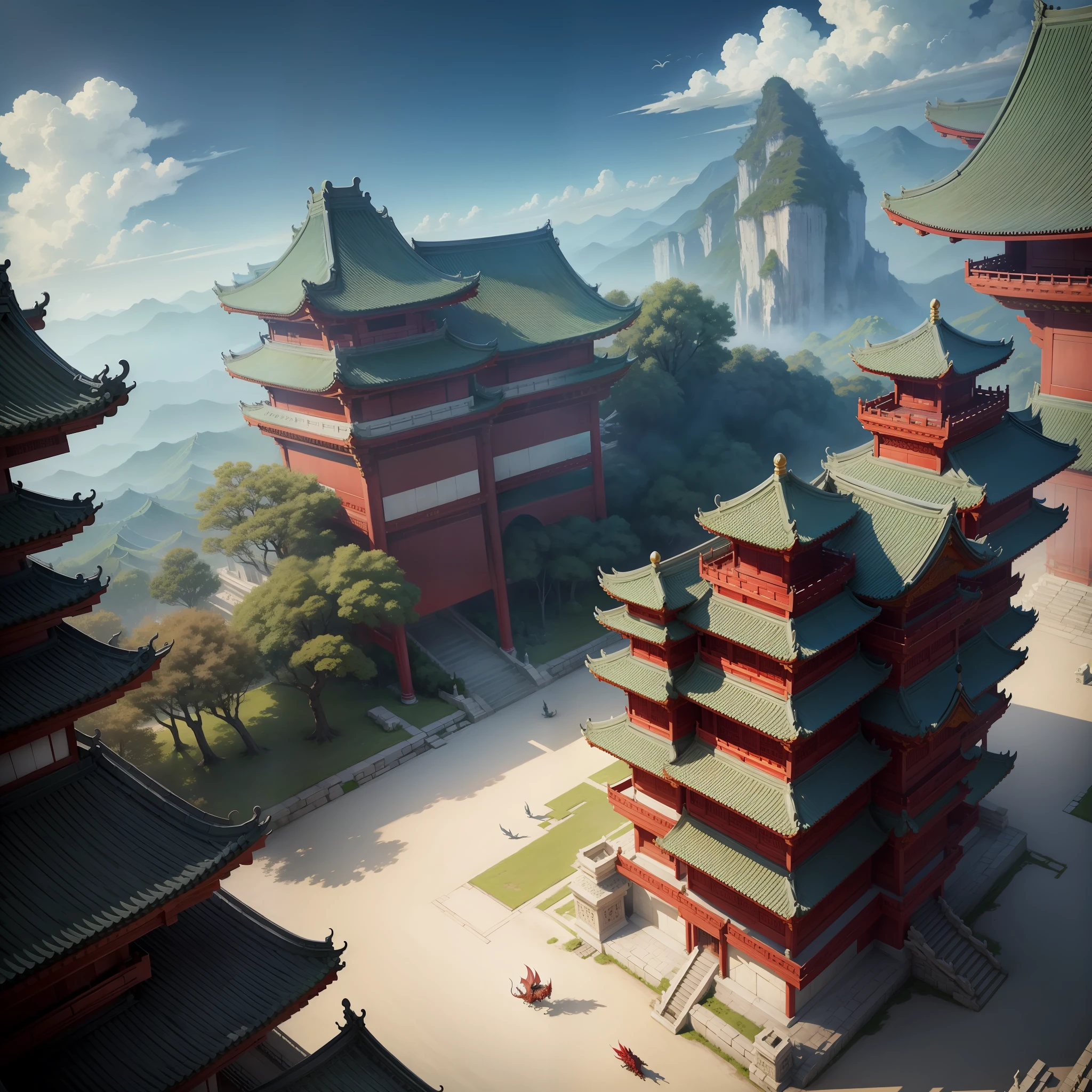 A dragon hovers in the air。Below is a palace。