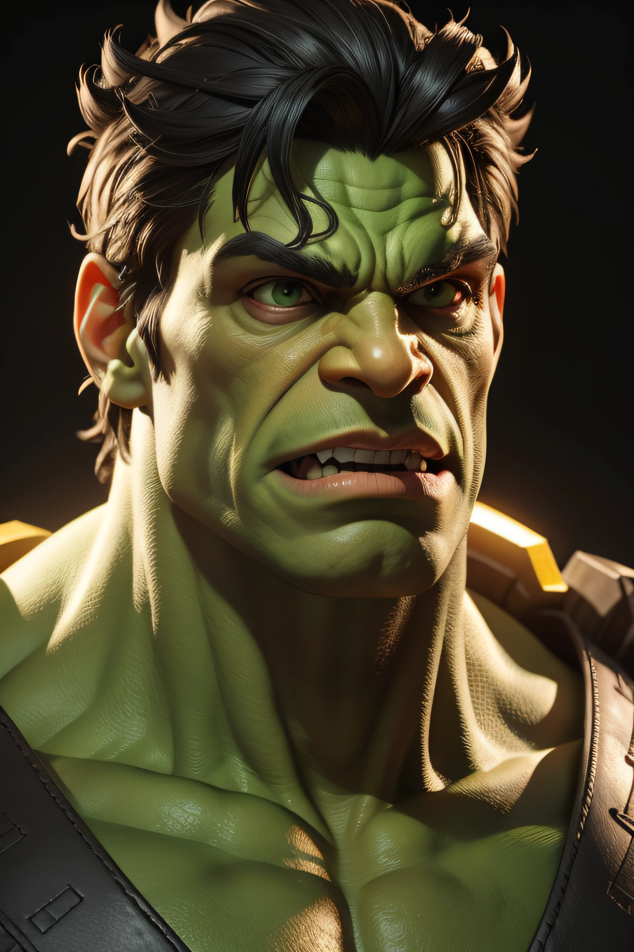 Hulk, Criatura Verde, Personagem da Marvel, Fundo ?????, various lights, Hulk com muita raiva, obra-prima, melhor qualidade, trabalho de rending 3d, estilo 3DMM, close-up, retrato, 3D, 1Hulk, solo,