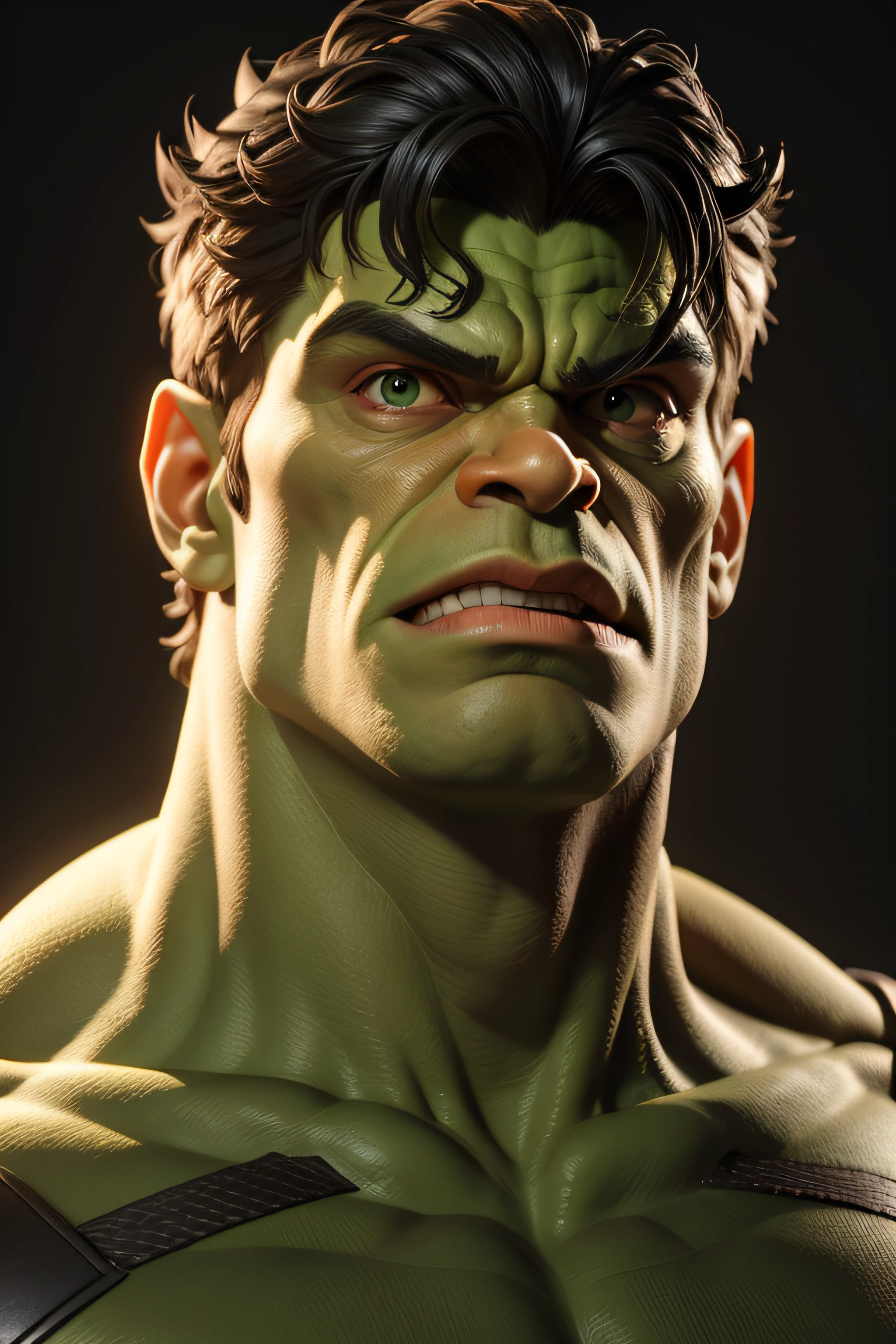 Hulk, Criatura Verde, Personagem da Marvel, Fundo ?????, various lights, Hulk com muita raiva, obra-prima, melhor qualidade, trabalho de rending 3d, estilo 3DMM, close-up, retrato, 3D, 1Hulk, solo,