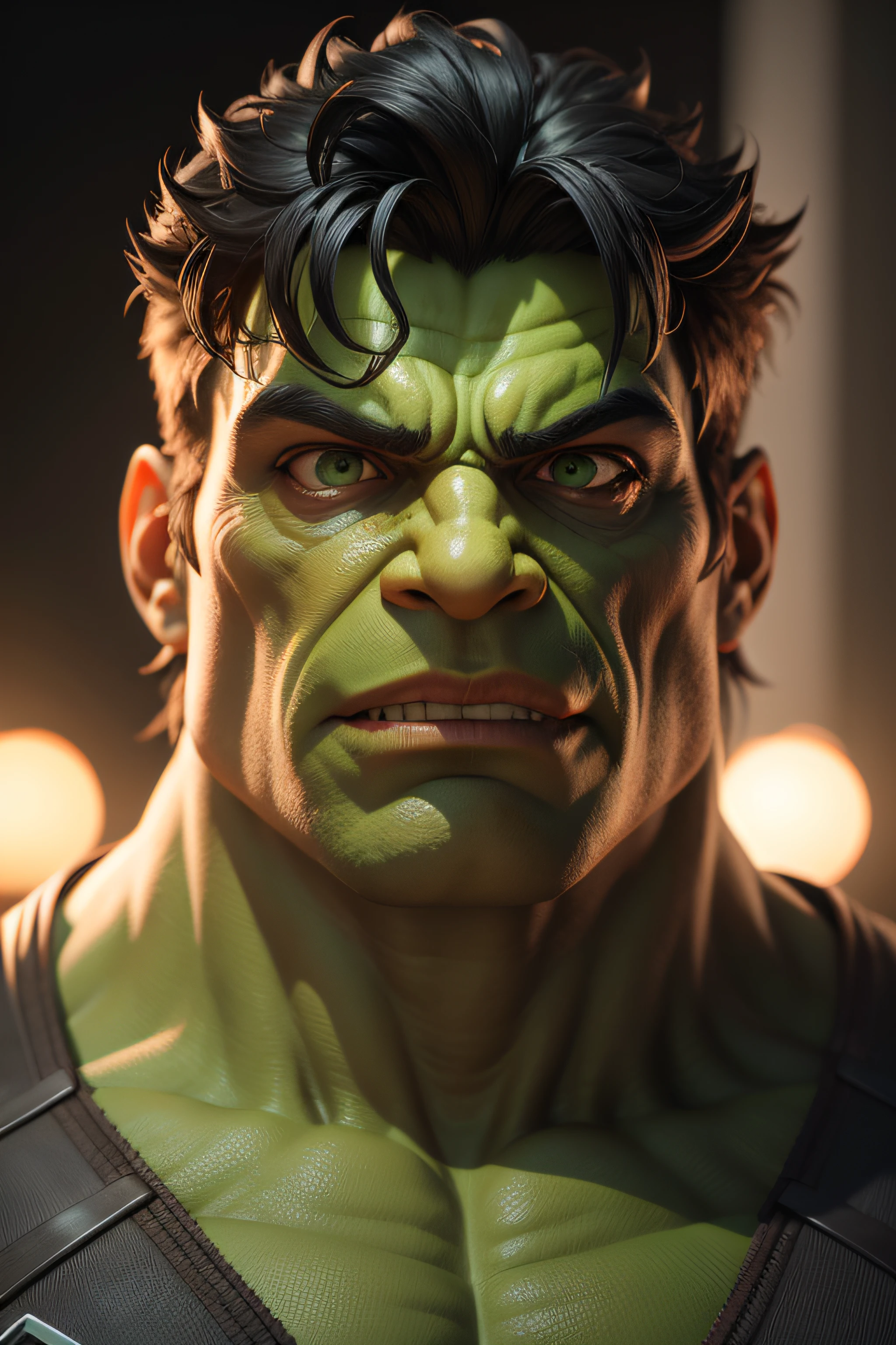 Hulk, Criatura Verde, Personagem da Marvel, Fundo negro, various lights, Hulk com muita raiva, obra-prima, melhor qualidade, trabalho de rending 3d, estilo 3DMM, close-up, retrato, 3D, 1Hulk, solo,