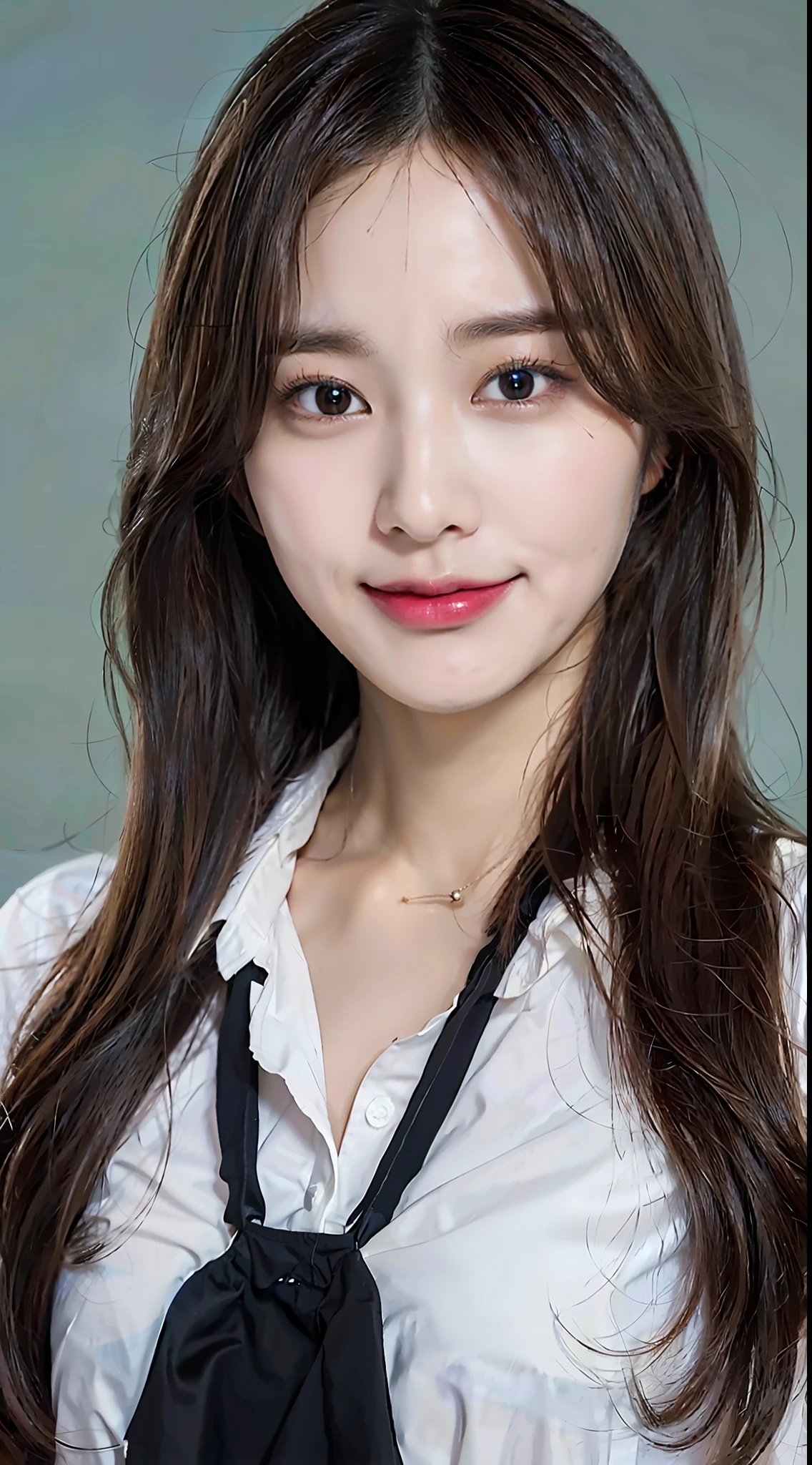 Lifelike photos of (No. 1 cute Korean actress) Long hair, smooth face, light makeup, medium breasts. Wearing a white long sleeve shirt, and black skirt, Little Smile, Canon EOS 35mm Lens 8K high-resolution face, crisp and realistic details Close up