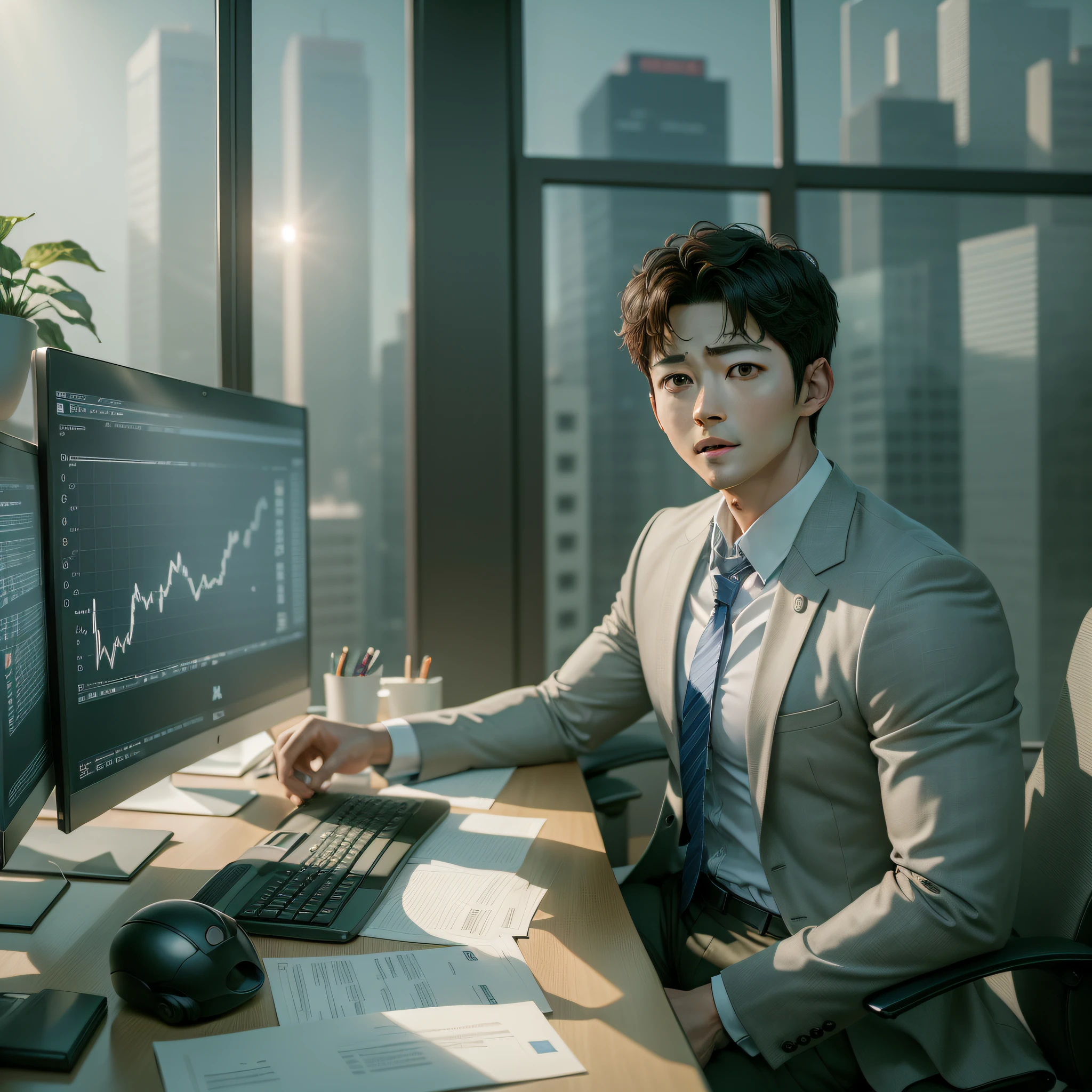 an office desk with a computer, Na tela do computador, showing financial charts, ((Korean actor Song Joong-Ki in business clothes )), (Vicenzo costumne), In the background, an all-glass wall showing the surrounding buildings, (best quality) (4k definition), Realistic, Muitos detalhes,