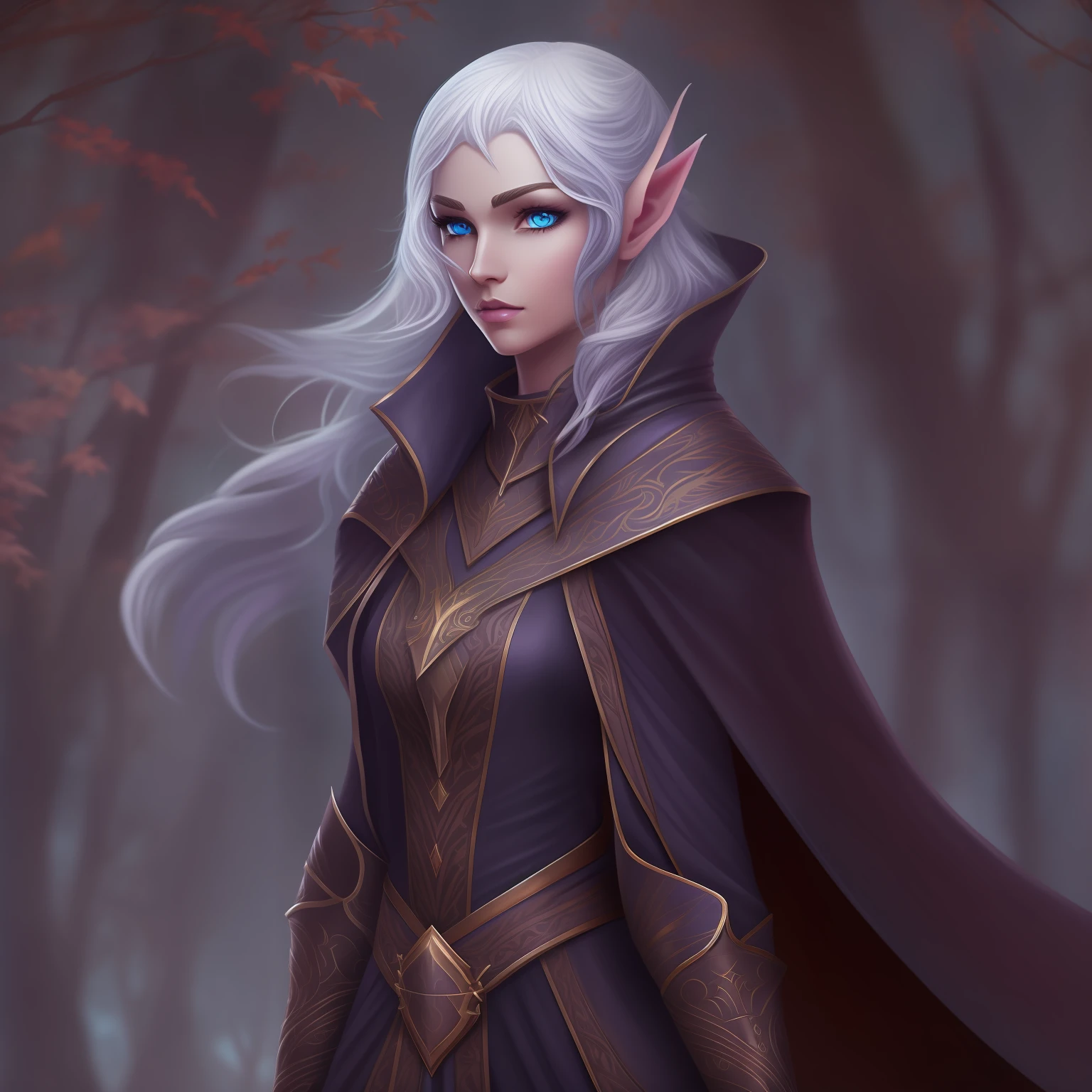 Purple skin,Female elves,a black cloak,white color hair,blue color eyes,Brown leather clothes,Dress modestly
