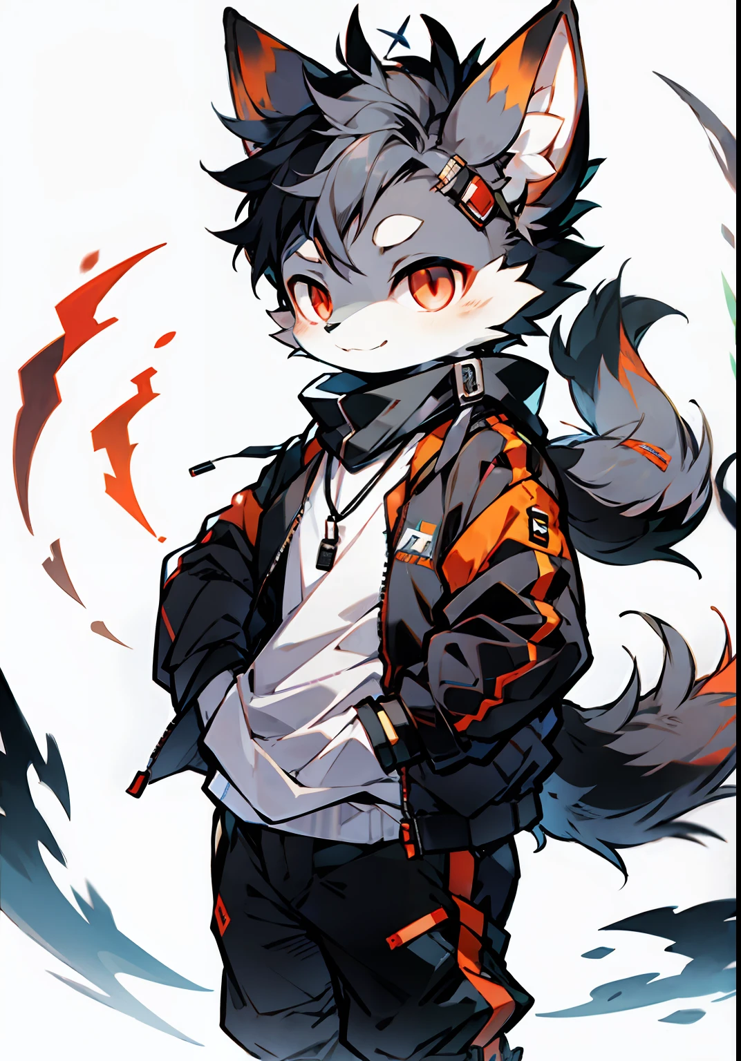catss，Black hair and red eyes，Black coat color，adolable，theelementoffire，vivaciousness，Libido boy，underage,Casual sweatshirt，lively and lovely，shorter pants