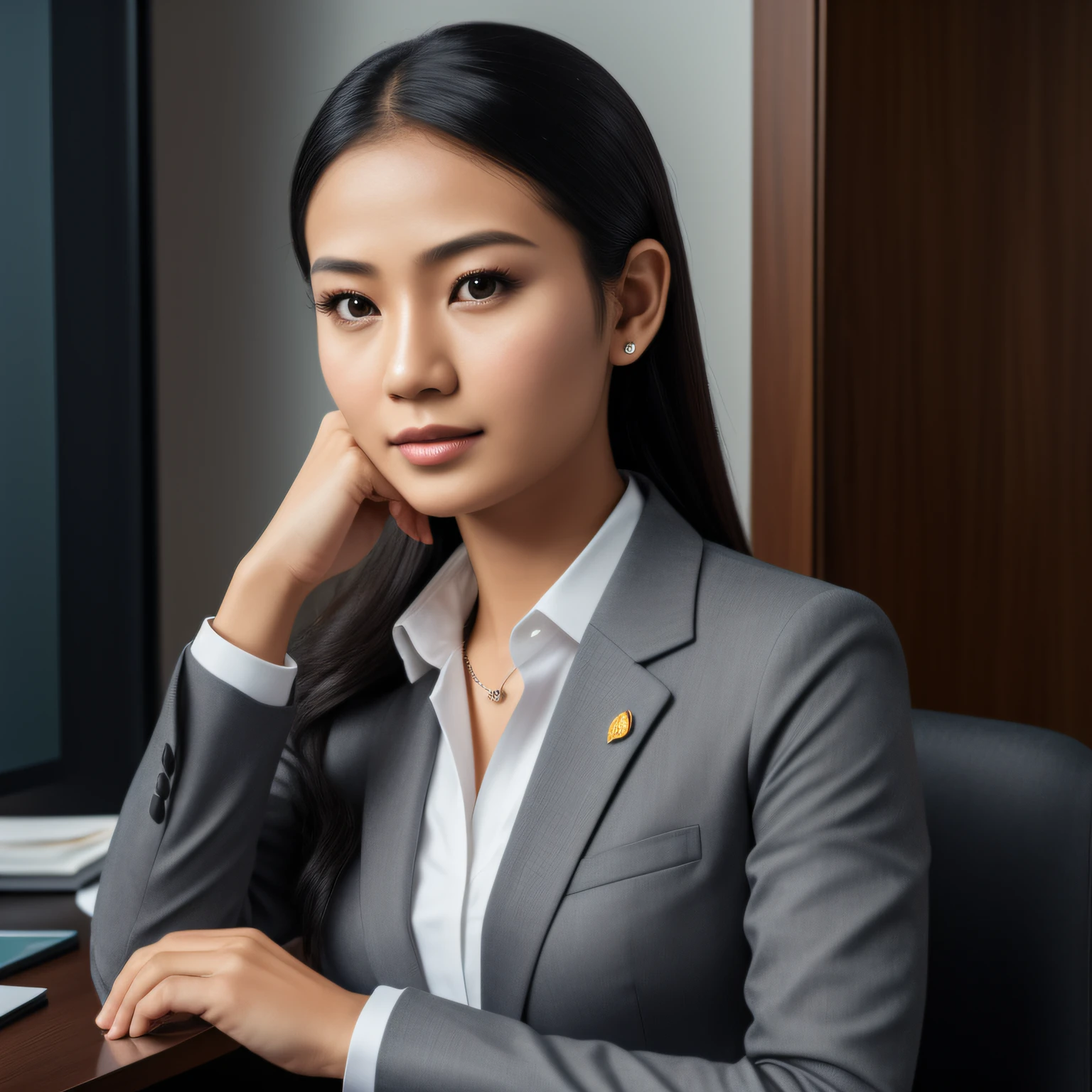 arafed moslem indonesian woman in a gray suit posing for a picture, wearing moslem business suit, moslem woman in business suit, wearing a moslem business suit, girl in suit, well lit professional photo, professional closeup photo, wearing black business suit, female in office dress, girl in a suit, close-up professional portrait, indonesian woman, an asian woman, wearing a strict business suit. (makeup:0.3), full body shot:1.3,bokeh:1.2, indoors, smooth skin, necklace, black_hair, realistic_detailed_skin_texture, good hands, good feet, (8k, RAW photo, best quality, masterpiece:1.2), (realistic, photo-realistic:1.37), ultra high res, photon mapping, radiosity, ((Hasselblad photography)),physically-based rendering, professional soft lighting, light on face