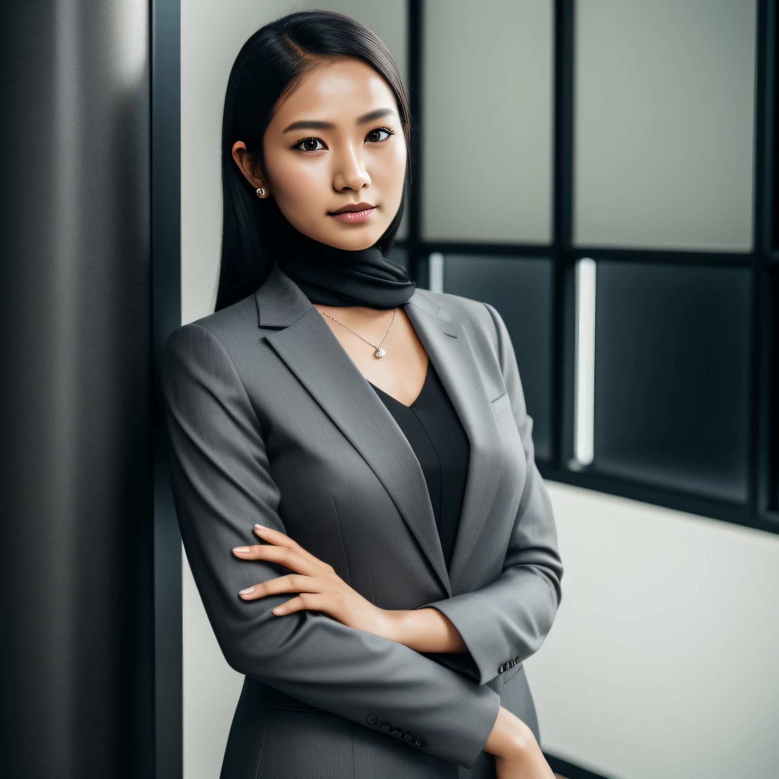 arafed moslem indonesian woman in a gray suit posing for a picture, wearing moslem business suit, moslem woman in business suit, wearing a moslem business suit, girl in suit, well lit professional photo, professional closeup photo, wearing black business suit, female in office dress, girl in a suit, close-up professional portrait, indonesian woman, an asian woman, wearing a strict business suit. (makeup:0.3), full body shot:1.3,bokeh:1.2, indoors, smooth skin, necklace, black_hair, realistic_detailed_skin_texture, good hands, good feet, (8k, RAW photo, best quality, masterpiece:1.2), (realistic, photo-realistic:1.37), ultra high res, photon mapping, radiosity, ((Hasselblad photography)),physically-based rendering, professional soft lighting, light on face