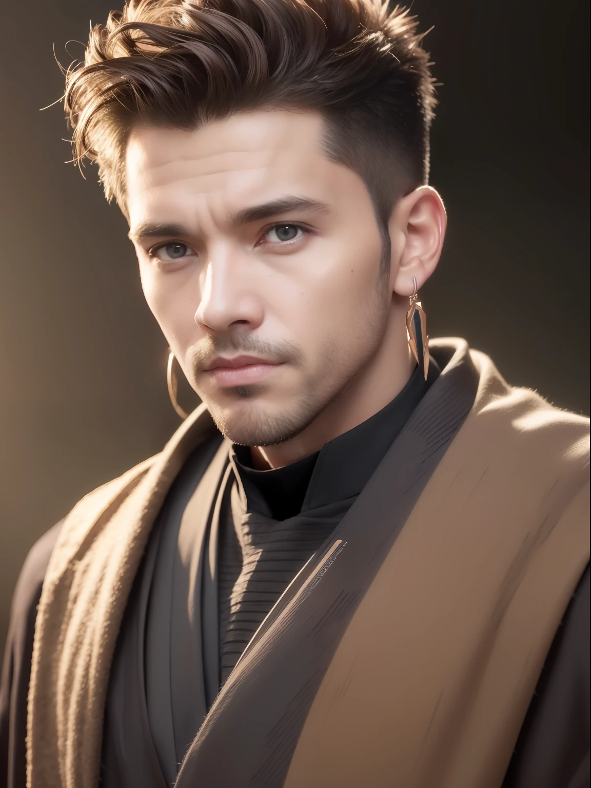 Create a man, star wars character, Hold your lightsaber in front of your face, 35yo,Weight 70 lbs,Wearing a light-colored robe, Wear black earrings, Curly and short, The sides are slightly shaved, Brown eyes, Mysterious eyes, Detailed anatomy, Photo, Realistic, Cinematic, Glamour, On an alien planet