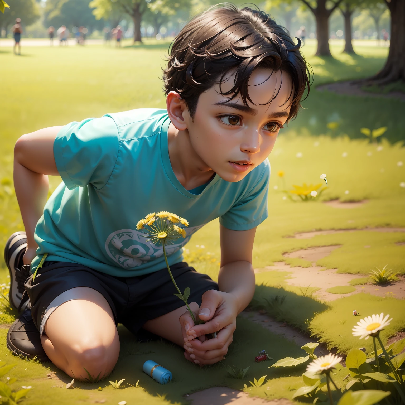 Create an image of our character on a beautiful morning in the park, ele estava brincando feliz com seus brinquedos. De repente, He found a small, odd-looking capsule hidden among the dandelion leaves.