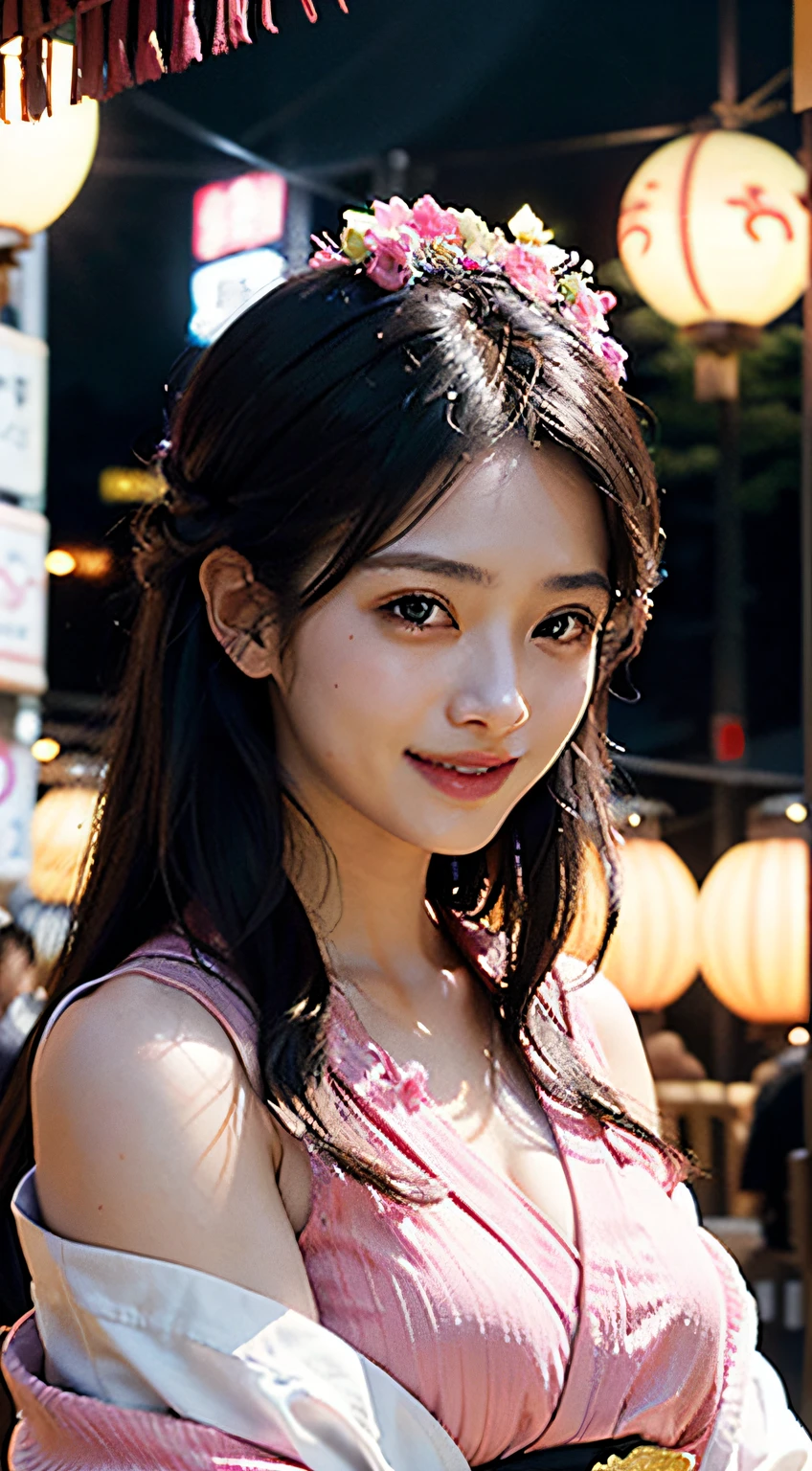 best qualtiy、masterpiece、photoRealstic、intricate-detail、Raw foto、Photon Rendering、Octane Rendering、absurderes、ultra-detailliert、A detailed face、Detailed skin、Trending in art stations、8K Masterpiece、lighting like a movie、( (1girl in))、((独奏) ))、CG Social Trends、Plastic En、((Black Long Hair))、((Beautuful Women))、(A smile)、Upper teeth、Fashionable、Hair that flutters in the wind、((Flowing hair))、fashion magazine、((A sexy))、((lighting like a movie)、((indirect lighting)、、(ssex)、Grinning、(View from a distance)、((Festival of Japan))、Pink kimono、