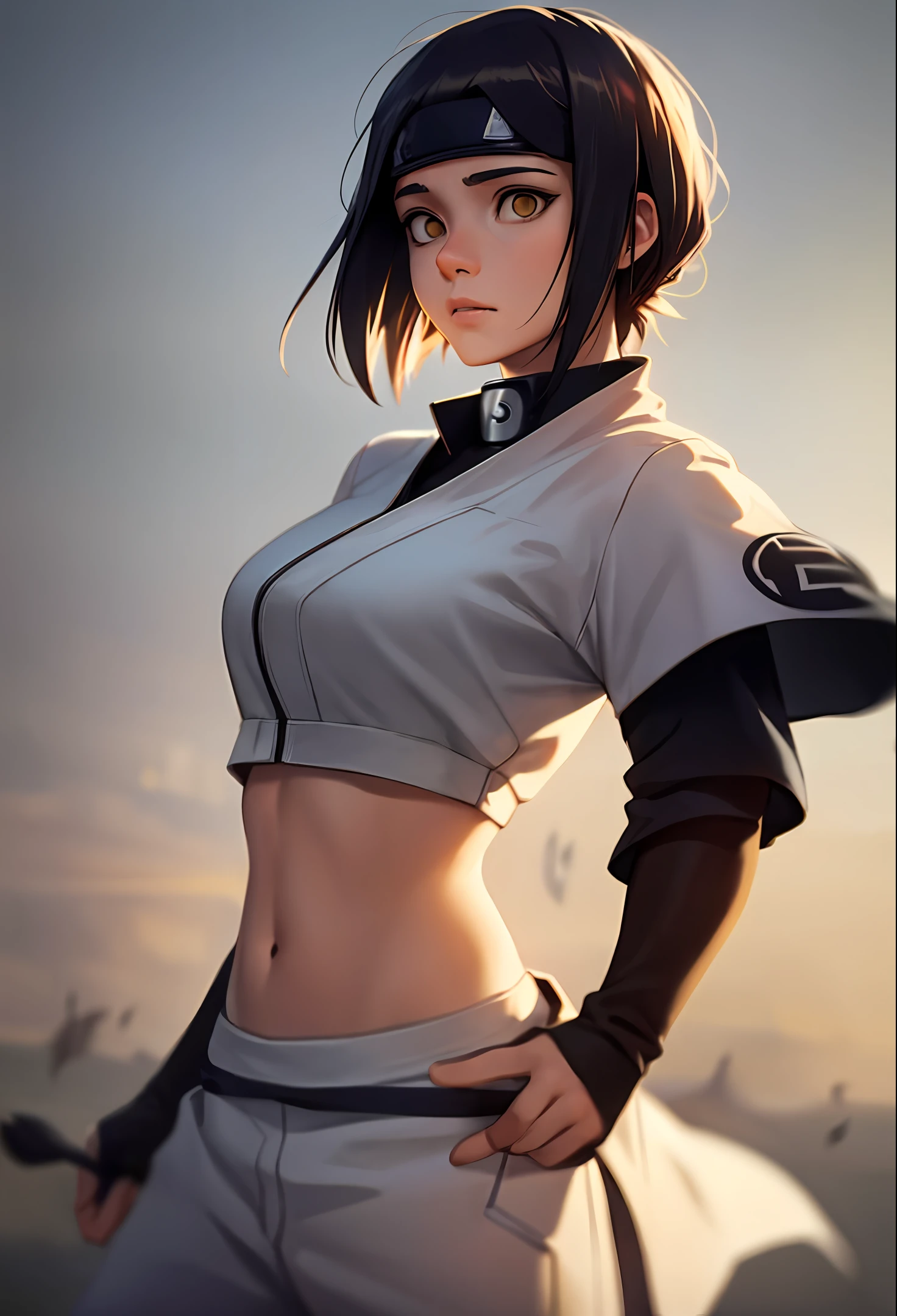 (masterpiece), (best quality), realistic, cinematic light, Hinata from Naruto, cool pose, battlefield background, perfect body, white eyes, white bobcut hair