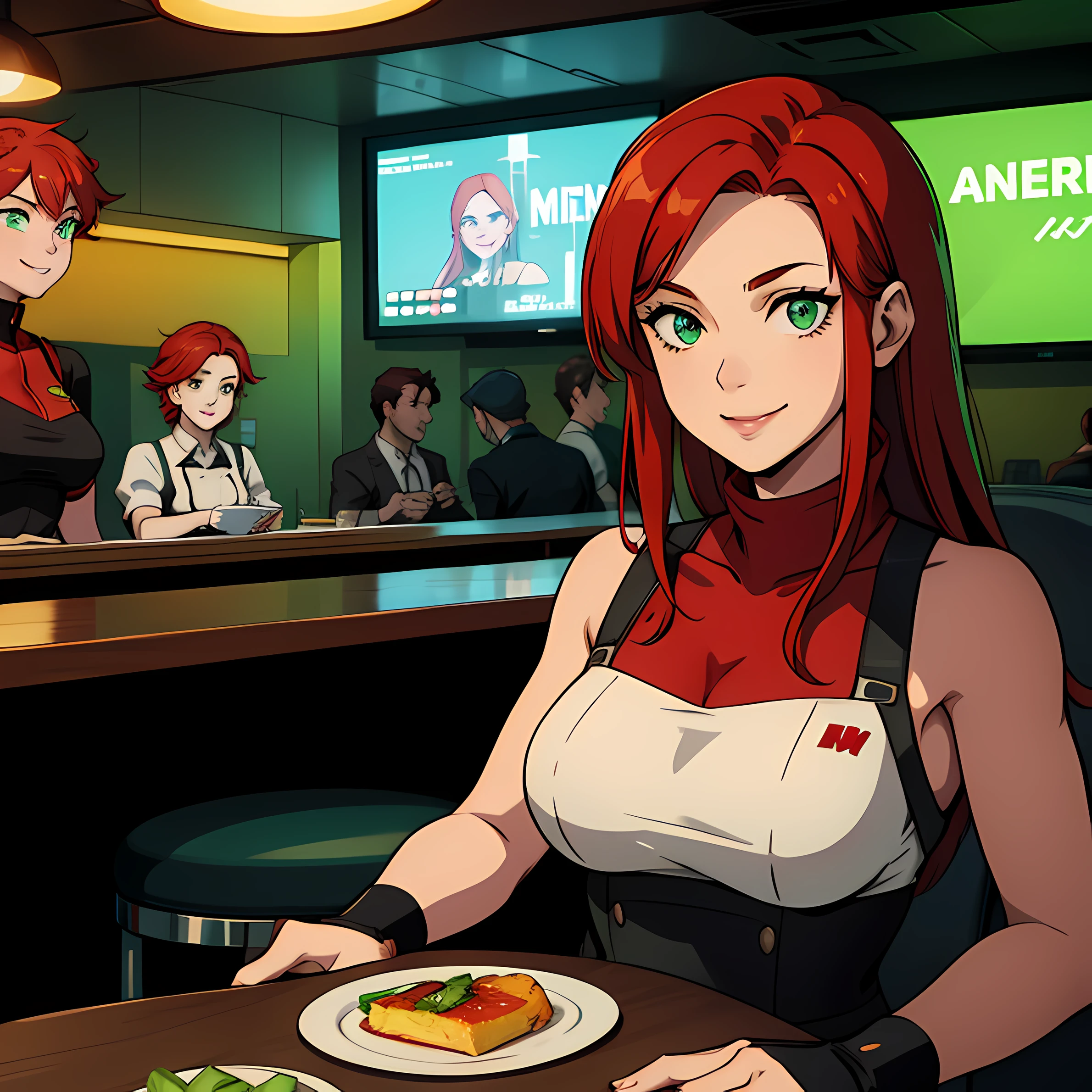 a smiling, red head waitress with green eyes in a cyberpunk sci fi diner taking an order