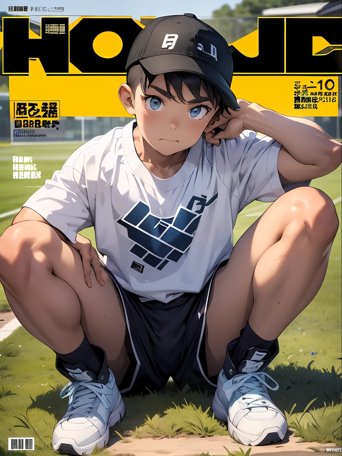 Sweet athletic style，1boy，cabelos preto e longos，Rich expressions，Sky blue loose knit top，White cap，Sky blue high-waisted shorts，Sky blue Martin boots，Holding a wooden baseball bat, pretty face with arms and legs, grassy fields，movie footage，（Magazine cover 1.5）（Japanese text 1.5），Sporty, tmasterpiece，Masterpiece，8K，