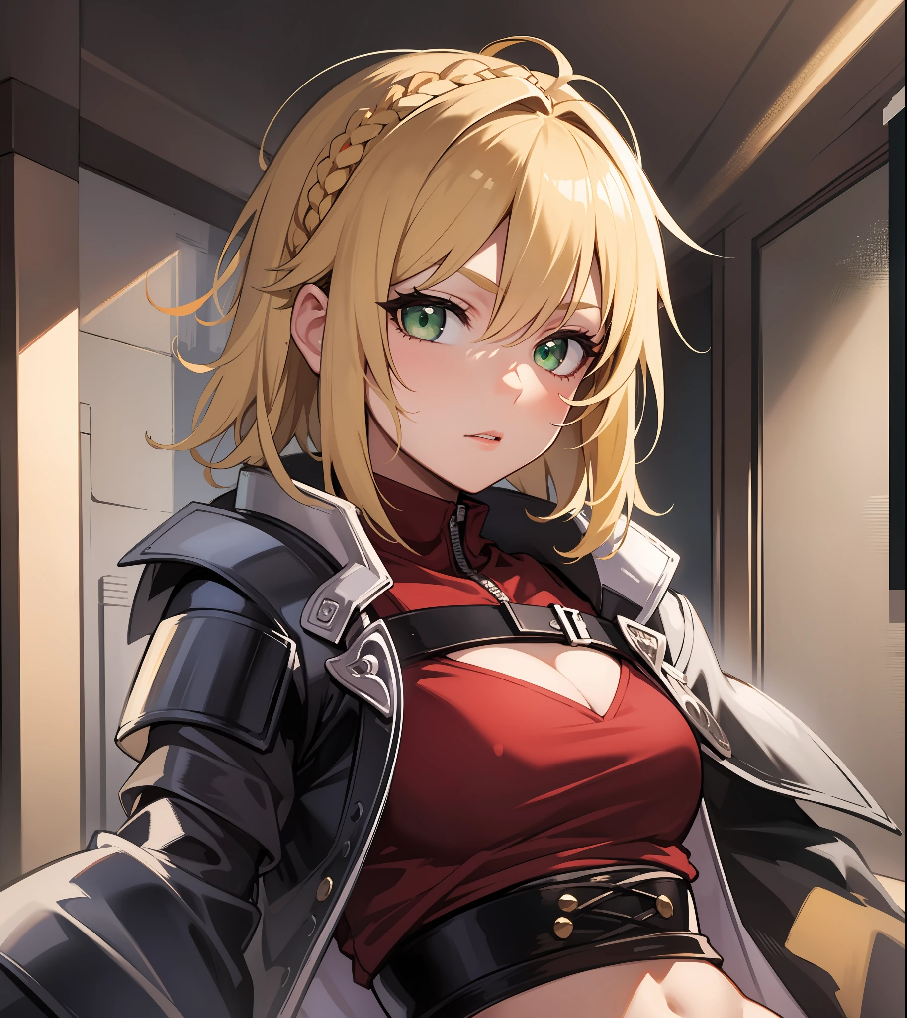 Beautiful, Masterpiece, Best Quality, extremely detailed face, perfect  lighting, mordred \(fate\), a 1girl, 独奏, Green eyes, thinking, braid, stands, black shorts, blusher, 鎖骨, crop-top, plate armor, looking a viewer, little chest, Red shirt, Shirt, wide thighs, upper-body,