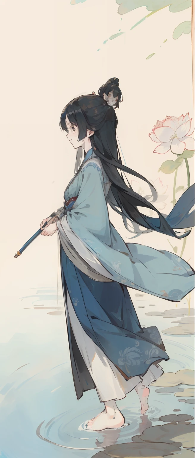 ((4k,masterpiece,best quality)), shuimobysim, traditional chinese ink painting, lotus, hanfu, maxiskit, dress conservatively 1girl, solo, long blue hair, smile, standing, feet in the water, barefoot,