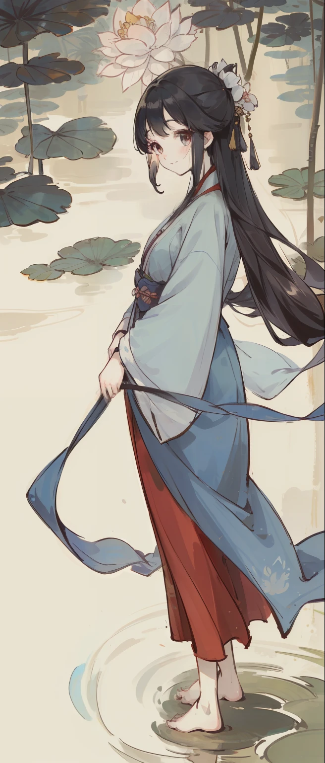 ((4k,masterpiece,best quality)), shuimobysim, traditional chinese ink painting, lotus, hanfu, maxiskit, dress conservatively 1girl, solo, long blue hair, smile, standing, feet in the water, barefoot,