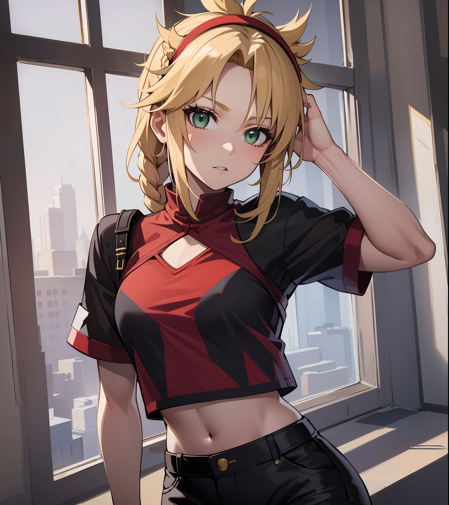 Beautiful, Masterpiece, Best Quality, extremely detailed face, perfect  lighting, mordred \(fate\), a 1girl, 独奏, Green eyes, thinking, braid, stands, black shorts, blusher, 鎖骨, crop-top, plate armor, looking a viewer, little chest, Red shirt, Shirt, wide thighs, upper-body,