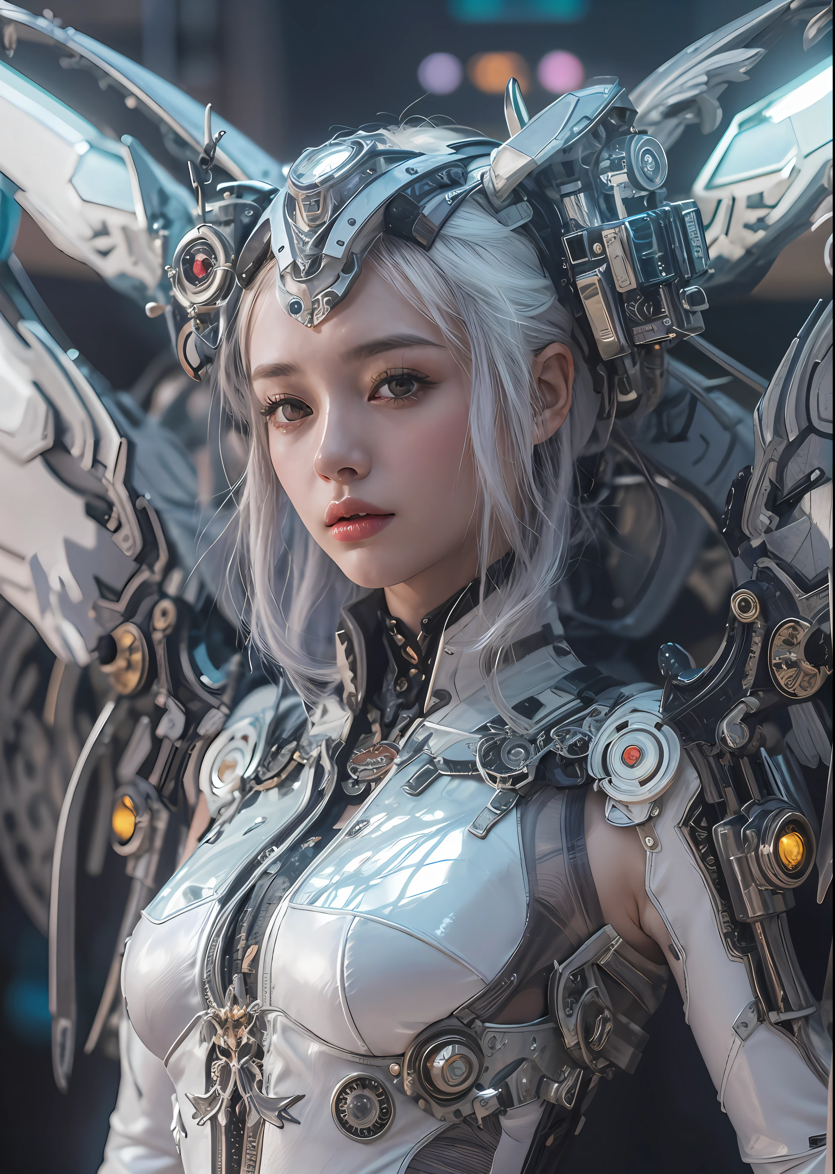top-quality、masterpiece、超A high resolution、(Photorealsitic:1.4)、Raw photo、Steampunk Cyborg Angel、large wings made of metal、White porcelain body、white hair、glowy skin、1 Cyborg Girl、((super realistic details))、portlate、globalillumination、Shadow、octan render、8K、ultrasharp、character edge light,Colossal tits、Raw skin is exposed in cleavage、Details of complex ornaments、Acrylic Clear Cover、Sumerian details、Hydraulic cylinder、Small LED lamp、highly intricate detail、Realistic light、a purple eye、radiant eyes、Facing the camera、neon details、cowboy shot、Futuristic headgear、About Cyberpunk、、