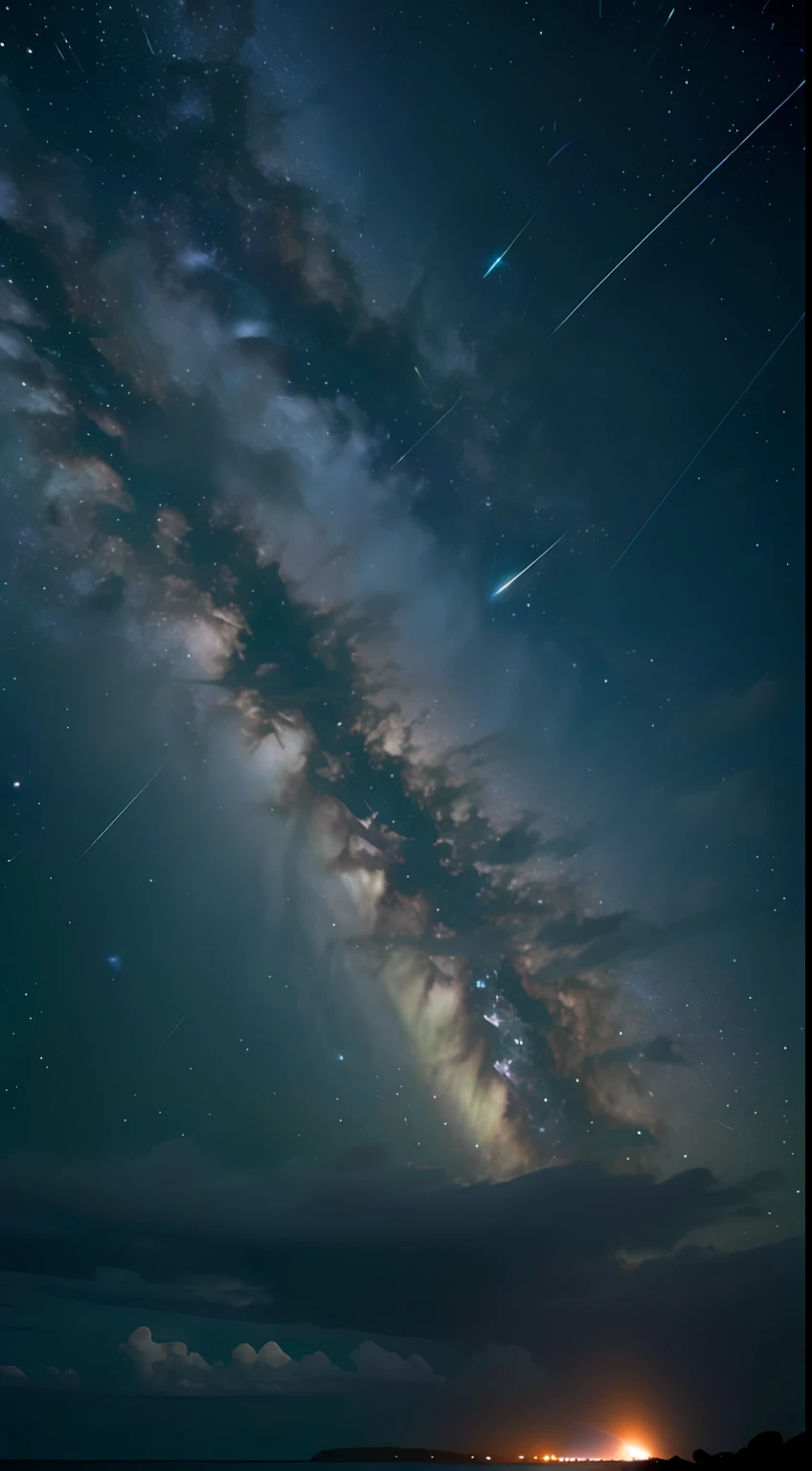 (zoom:1.1), (meteor shower:1.2), (comet:1.1), low angle, arora borealis, shooting star, top quality, masterpiece, clouds, colorful, southeast Asian beach, summer, seascape, small islands