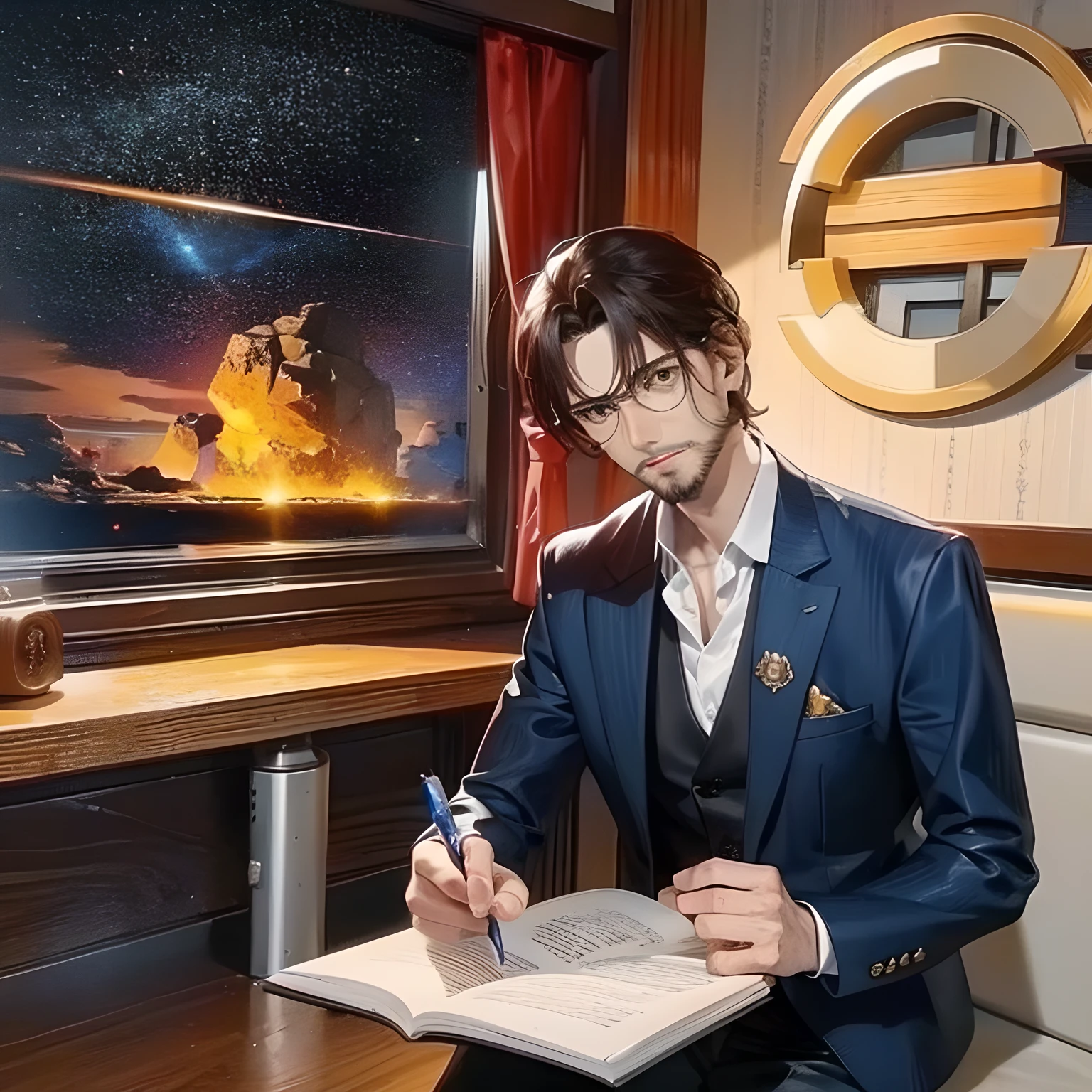 Draw a young programmer,Sit on a research platform floating in the middle of the asteroid belt。He was studying with a notebook,Surrounded by several asteroids that emit fiery rings。Dramatic lighting from distant stars and planets illuminates the scene,A deep shadow was cast on the suit。The young man looks confident and determined,Look at the vast and mysterious universe with amazement and respect,lbeard,cowboy lens,A boy with,。