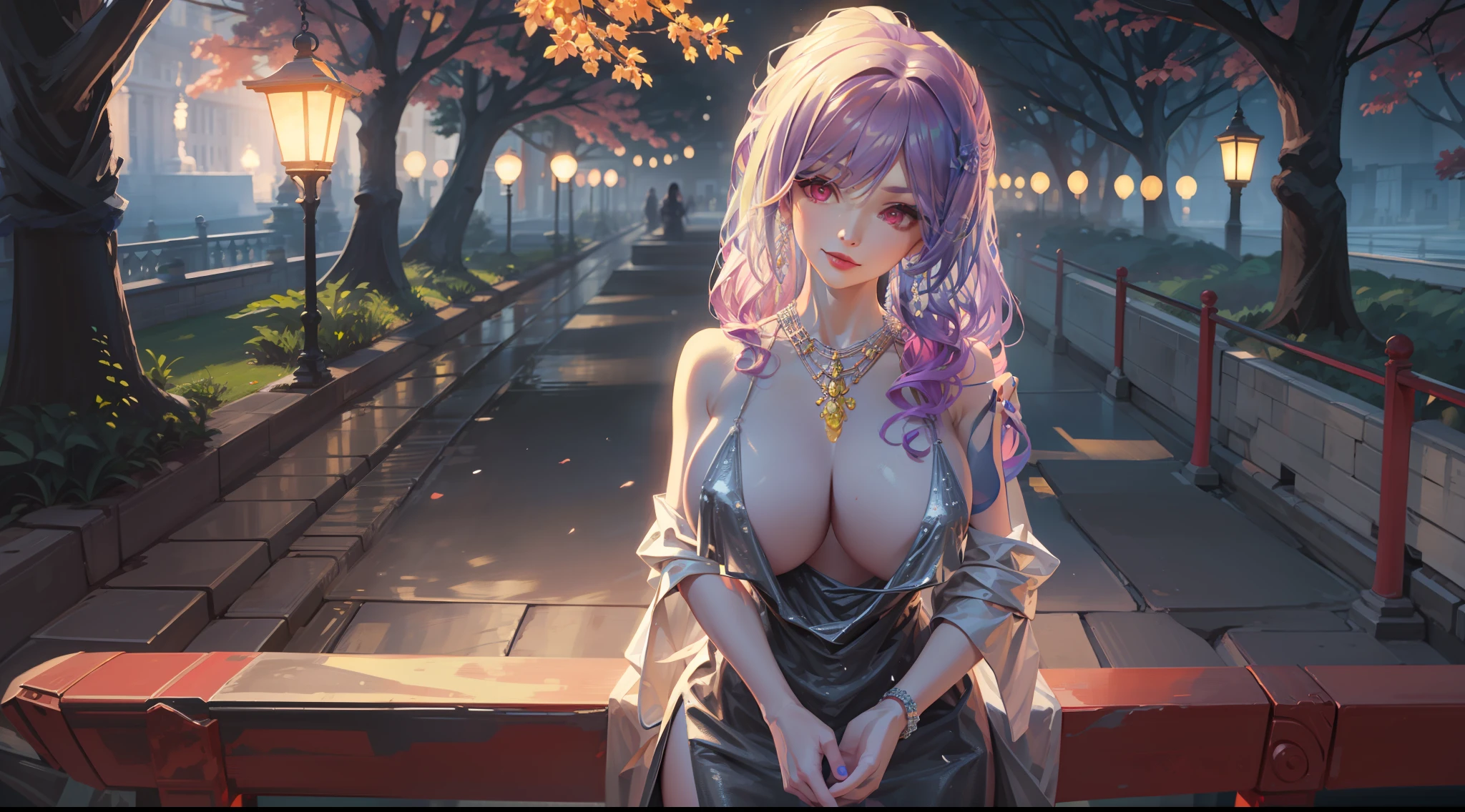 A girl standing in the park at night,Clear sky in the background. Park benches and soft lighting, Rear photo, (Side photography), looking back at the viewer, (Masterpiece), ((Ultra-detailed)), (Highly detailed), (Expressionless), (Best quality: 1.2), 8K, hdr, A high resolution, absurderes: 1.2, Object perspective, Blurred background, Bokeh: 1.1, Lens flare, (vivd colour: 1.2), High quality texture, Detailed texture, High-quality lighting and shadows, a face with perfect proportion, full bodyesbian, Mature and excited body, Detailed skin texture, vibrant, pale and radiant skin, natural saggy breasts, gigantic bosom: 1.5, High waist, Narrow waist: 1.3, Wide hips, Full buttocks, Detailed beautiful face, (PureErosFace_V1:1.3)(Ulzzang-6500:0.4) Detailed beautiful eyes, Symmetrical eyes, Perfect eyes, Seductive eyes, Beautiful nose, High nose, Clear blush, Detailed lips, Earrings, hoop earings, necklace, jewelry, Sapphire heart necklace, Silver-toned high-heeled sandals, Seductive expression, Smile, Perfect hands, Delicate and beautiful fingers, Detailed beautiful legs, photo-realistic hair, detailed hairs, (Silver dress, Red dress, Blue dress), Chisato Nishiki, Long hair, Blonde hair, (Red eyes: 1.5), Hair ribbon, Bob cut, Red hair ribbon,),gigantic cleavage breasts,Japan goddess,blush,