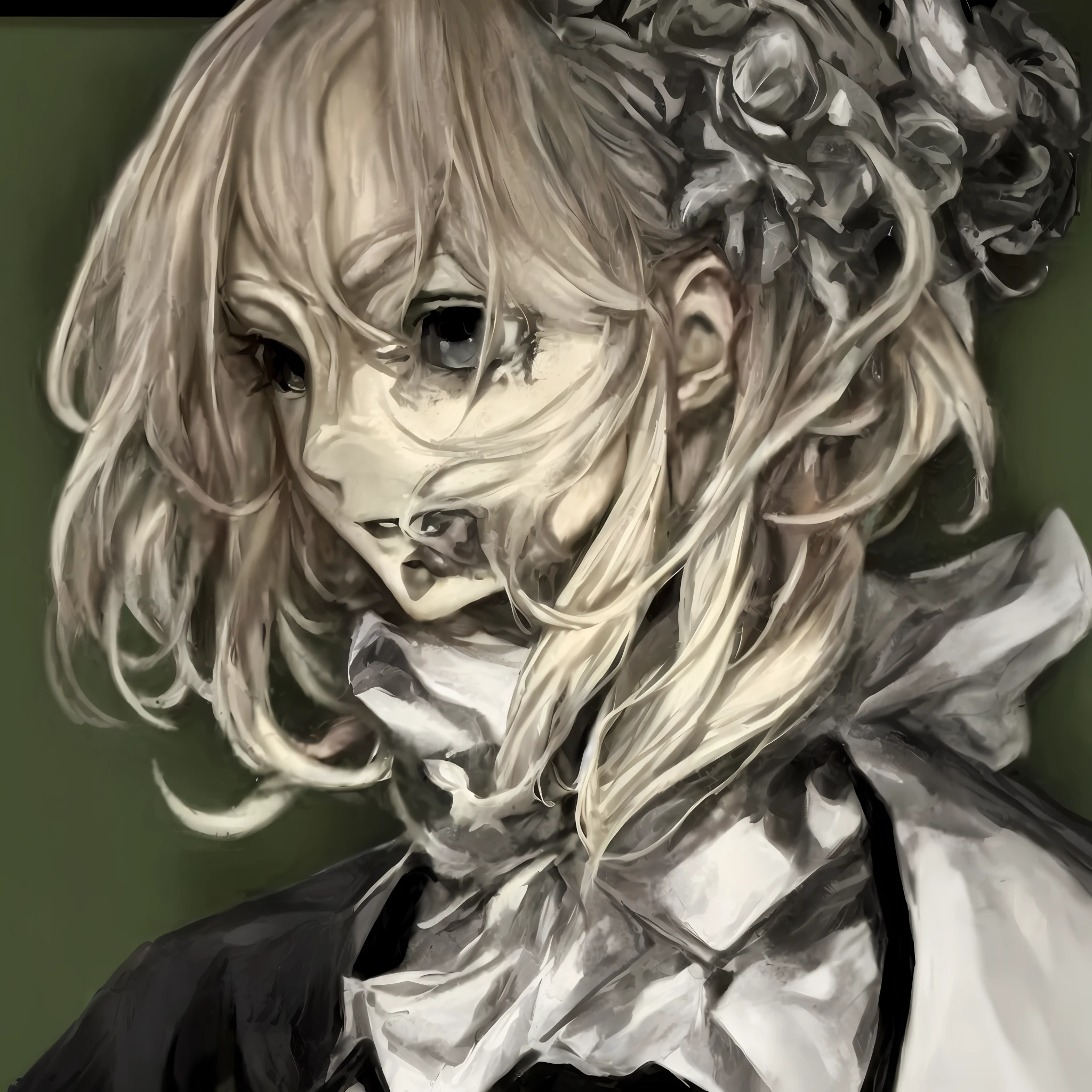Close up portrait of a person with a creepy face on green background, highley detailled face, Pale alien cultist face, johan liebert mixed with alucard, [[[[grinning evily]]]], yoko taro, Bone face, ( ( deep black eyes ) ), handsome guy in demon slayer art, Spooky pasta(top-quality、8K、32K、​masterpiece、nffsw:1.2)、