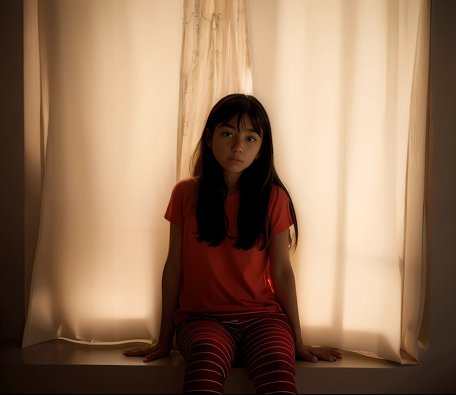 Obra maestra, mejor calidad, Arafed Woman sitting on a windowsill in front of a curtain, She is approximately , Imagen de cuerpo entero, 11 years oldrop of natural light, standing in a dimly lit room, She is about 11 years old, She is aboold,remera manga corta, pan, full body photogenic shot, pose casual