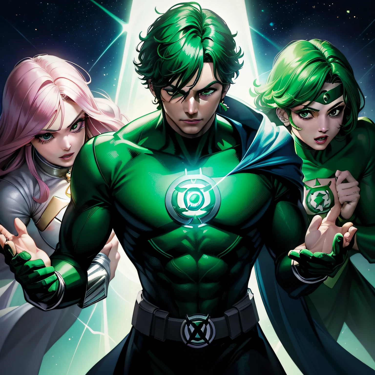 (prince:1.2,cabelos verdes:1.2,olhos verdes:1.2,terno verde:1.2,superhero,dc comics:1.1,greenlantern)