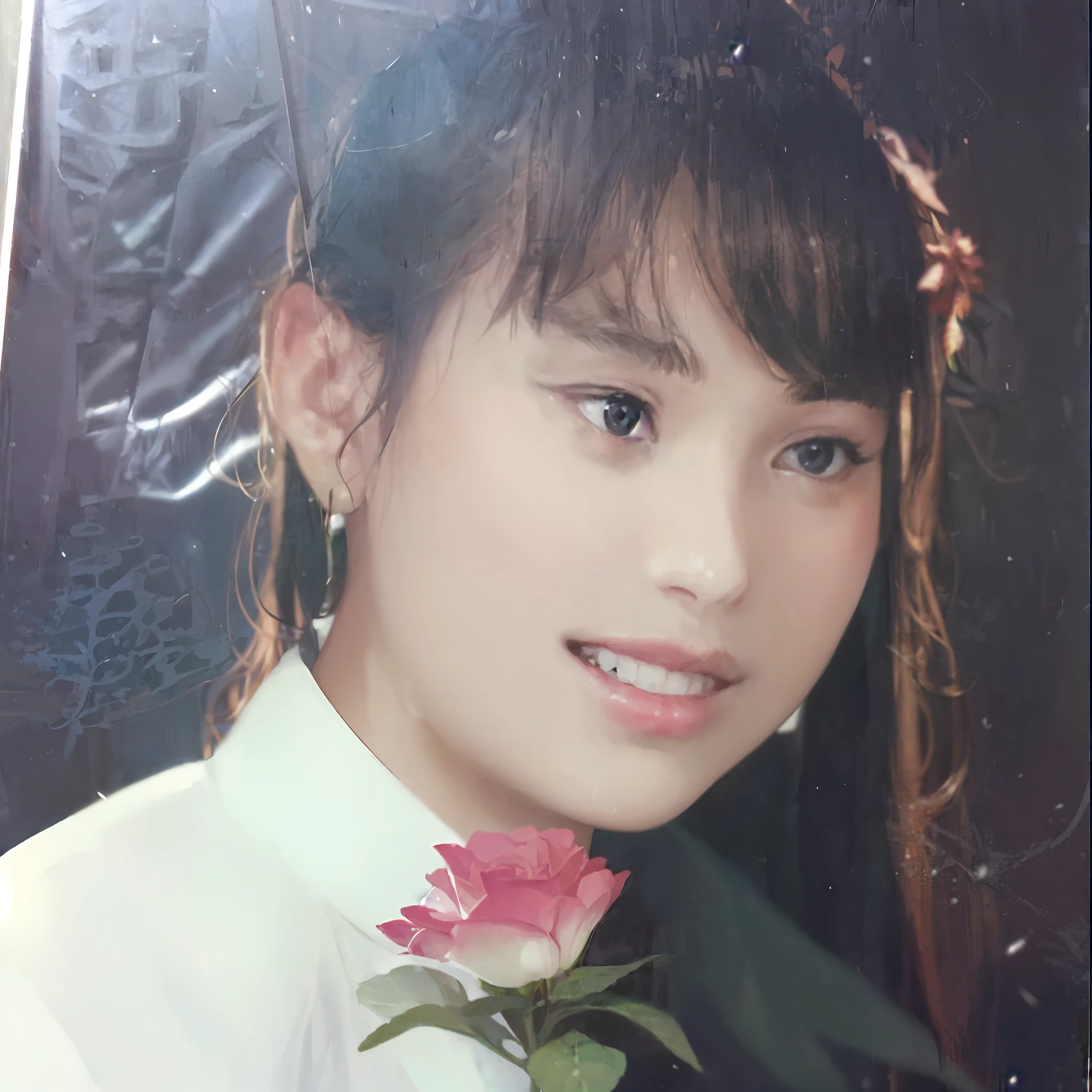 there is a picture of a girl with a flower in her hair, black eyes, around 1 , photo from the 80s