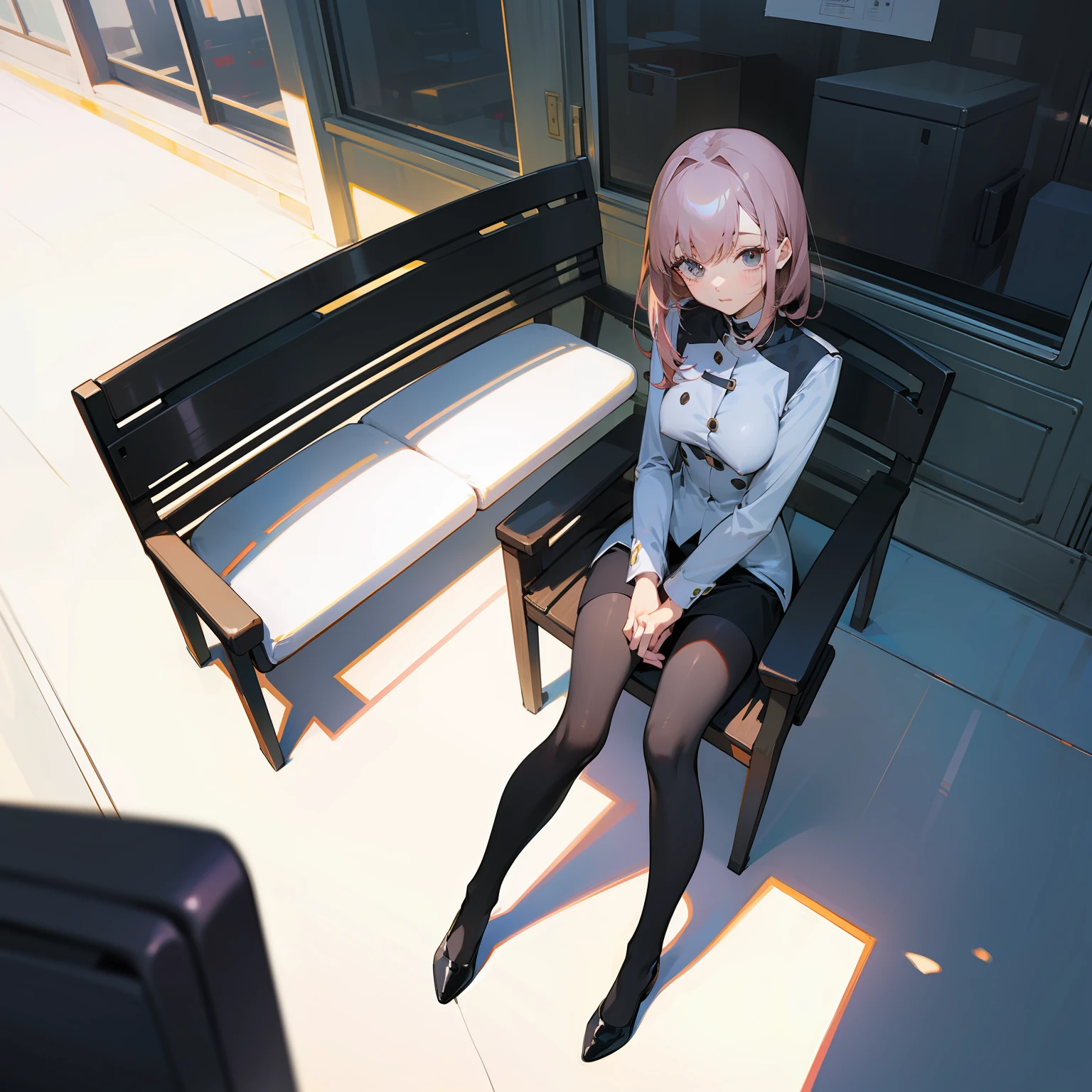 top-quality、Full body portrait、delicated face、cute face、a 25yo woman、slim figure、Petite bust、OL Uniform、Office Clothes、Black stockings、Outdoor Scene、Seats、Eguchi Hisashi