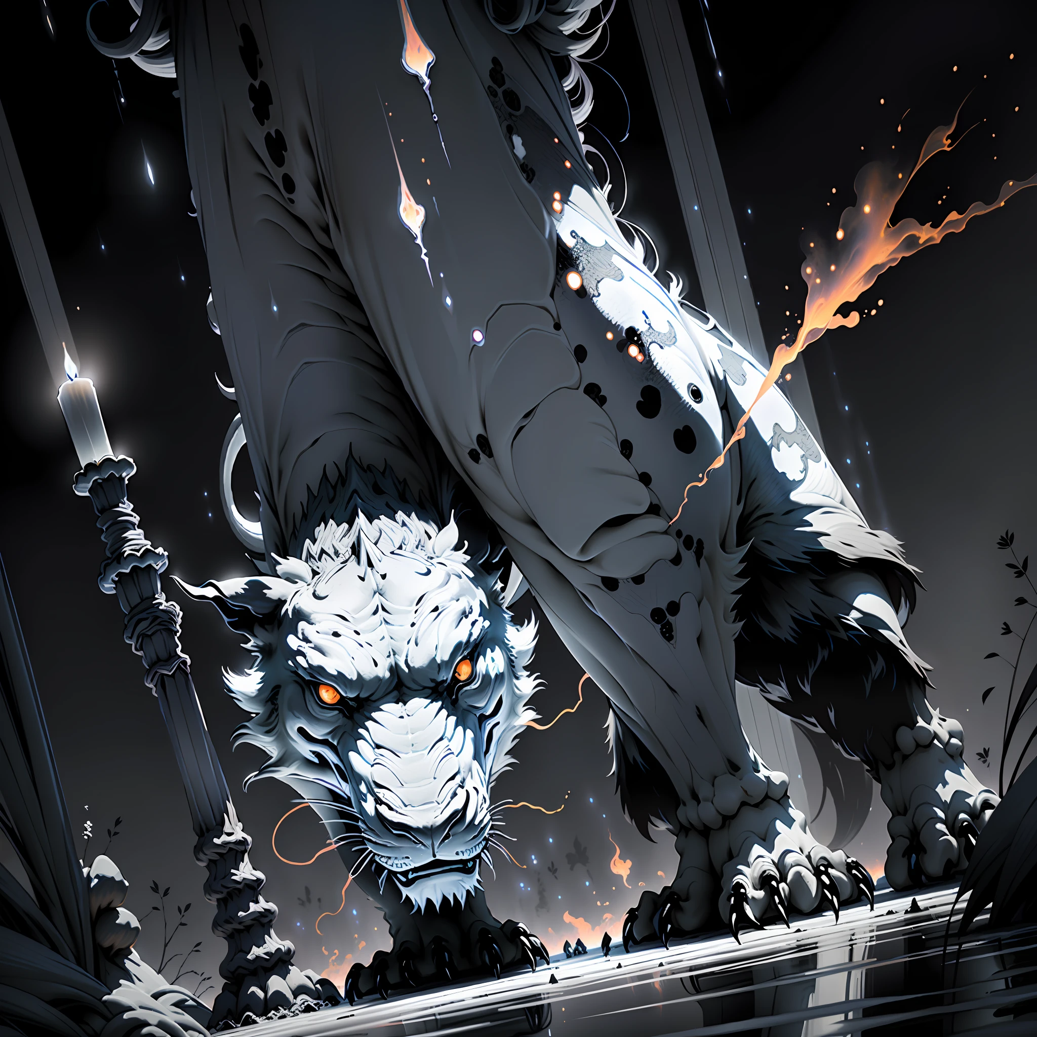 Candle Dragon，Black and white flame，cosmic starry sky，giant tree，Broken sword