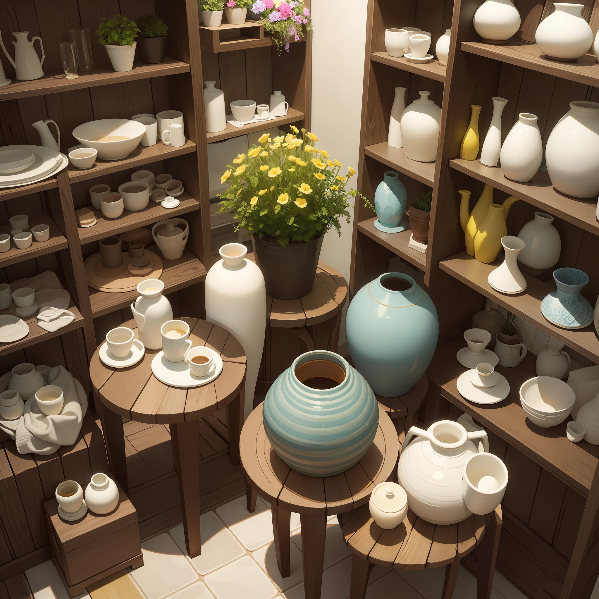 Different types of vases, flower pots, Ornaments，various sizes, ceramics, pottery, Various colors ceramic shapes, Clay material, ceramics, Warm shadow, pots with plants,  Product display, versatile styles,, Various colors,