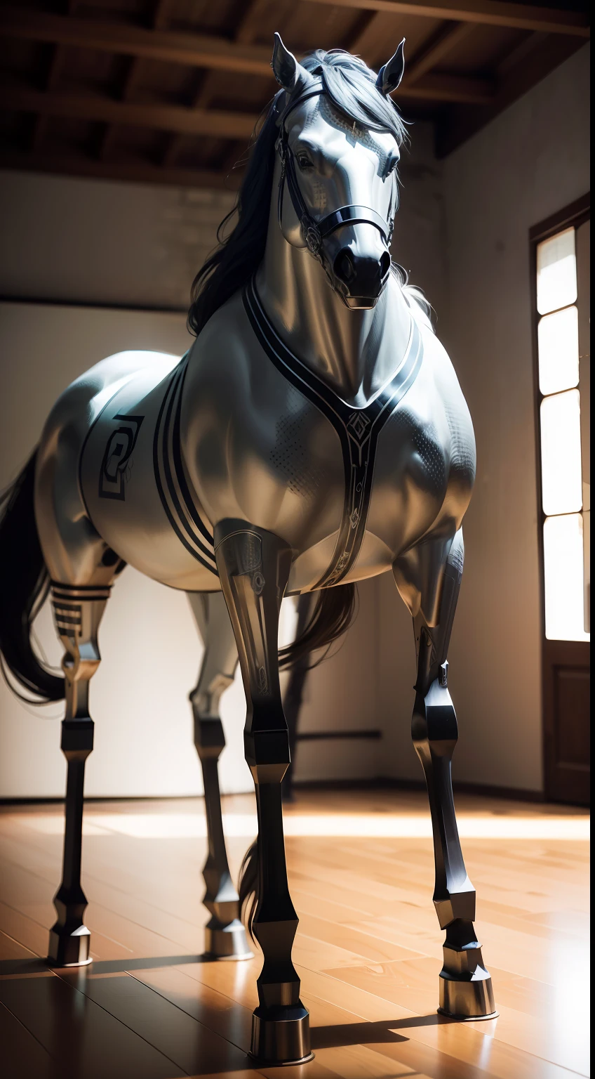 Horses made of metal, full entire body (Cyborg Horse:1:1),  | Wire Details]:1.3), (intricate detailed), HDR, (intricate detailed, hyper detailed:1.2), Cinematography,