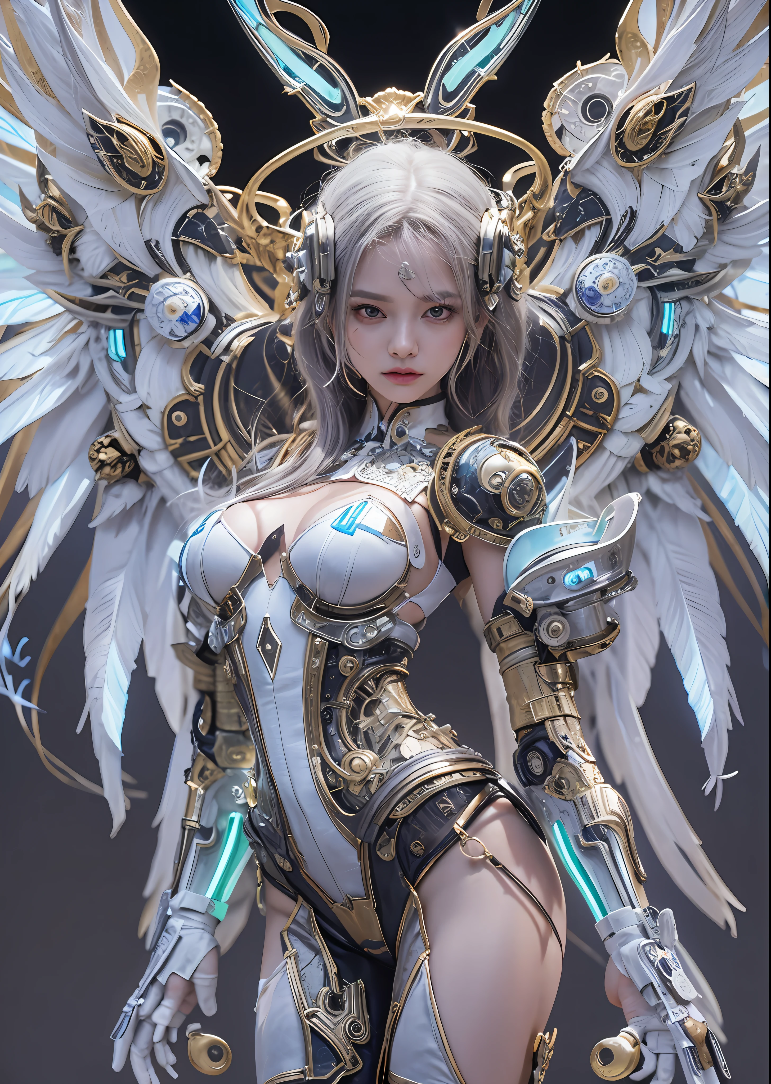 top-quality、​masterpiece、超A high resolution、(Photorealsitic:1.4)、Raw photo、Steampunk Cyborg Angel、large wings made of metal、White porcelain body、white  hair、glowy skin、1 Cyborg Girl、((super realistic details))、portlate、globalillumination、Shadow、octan render、8K、ultrasharp、character edge light,Colossal tits、Raw skin is exposed in cleavage、Details of complex ornaments、Acrylic Clear Cover、Sumerian details、Hydraulic cylinder、Small LED lamp、highly intricate detail、Realistic light、a purple eye、radiant eyes、Facing the camera、neon details、cowboy  shot、Futuristic headgear、About Cyberpunk、、