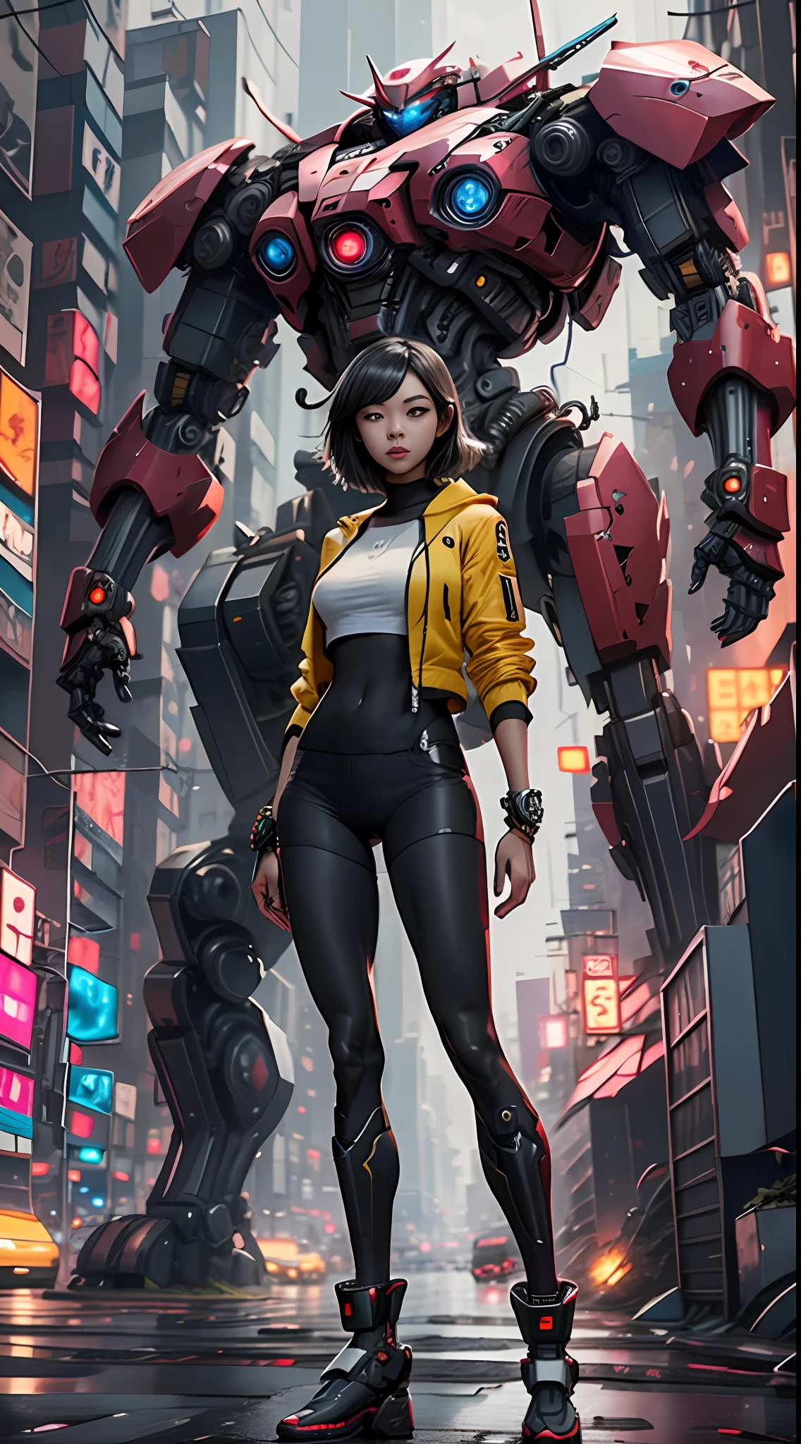 Boutique, melhor qualidade, joias de ouro, (slip out feet), pele de fada, (fidelidade: 1.2), standingn, super detalhado, realista, de alta qualidade, luz de filme, rastreamento de raios, Ultra HD, upper body
Girl in Lycra shorts and jacket next to giant robot, arte estilo Guweiz, mecha CyberPunk, Trends in CGSTATION, Guweiz, Russell Dongjun Lu, arte digital cyberpunk anime, Ross Tran 8 K, Guweiz em ArtStation Pixiv, em mecha armadura de rede