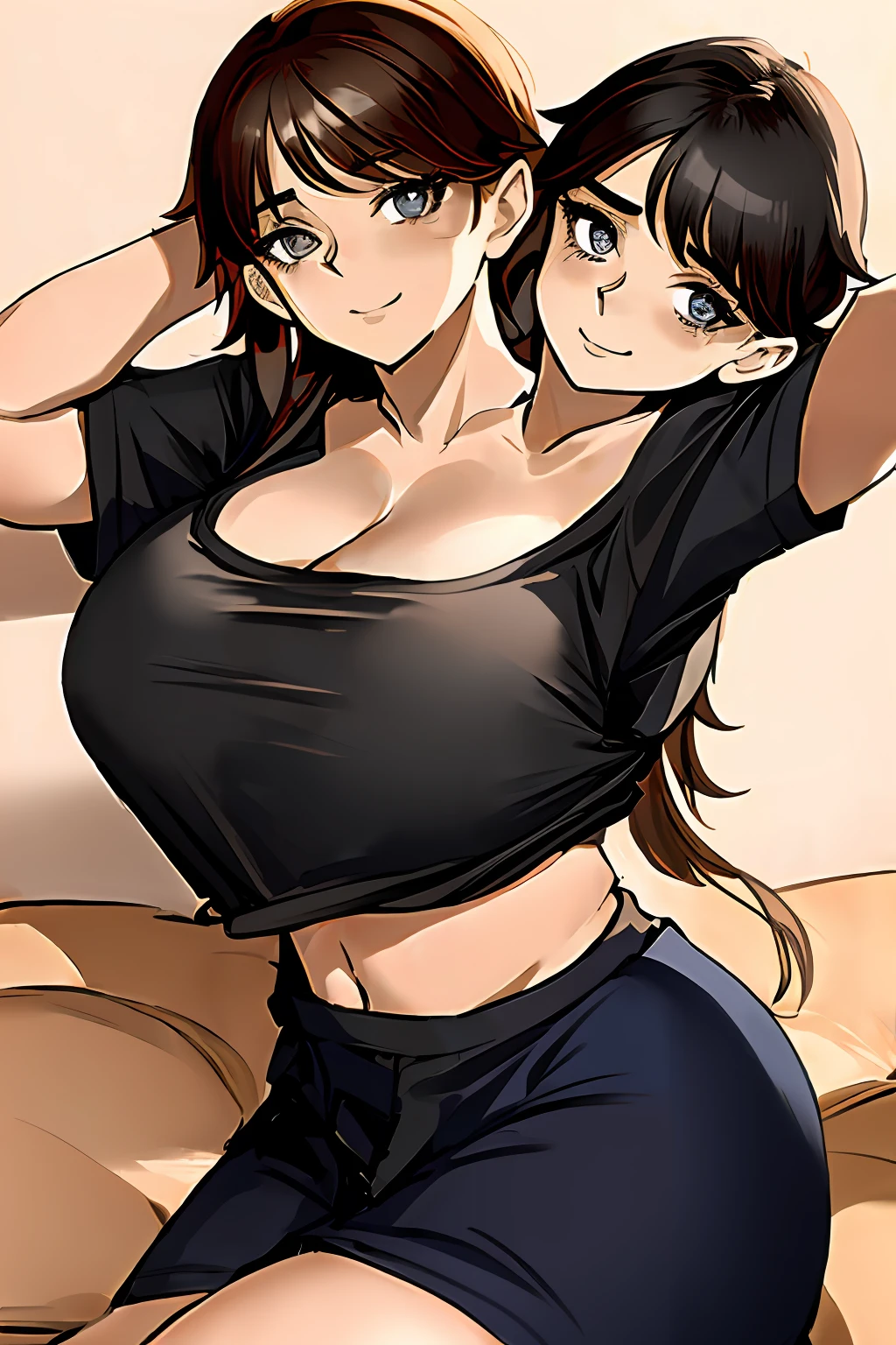 2heads, a short chubby woman with 2 heads. She has gigantic breasts. She looks mature. She is wearing a loose t-shirt and sweatpants. She is laying on a bed. Her breasts are massive. She is blushing. She looks seductive. She looks playful. She has gigantic breasts. She is flirting. She is smiling.