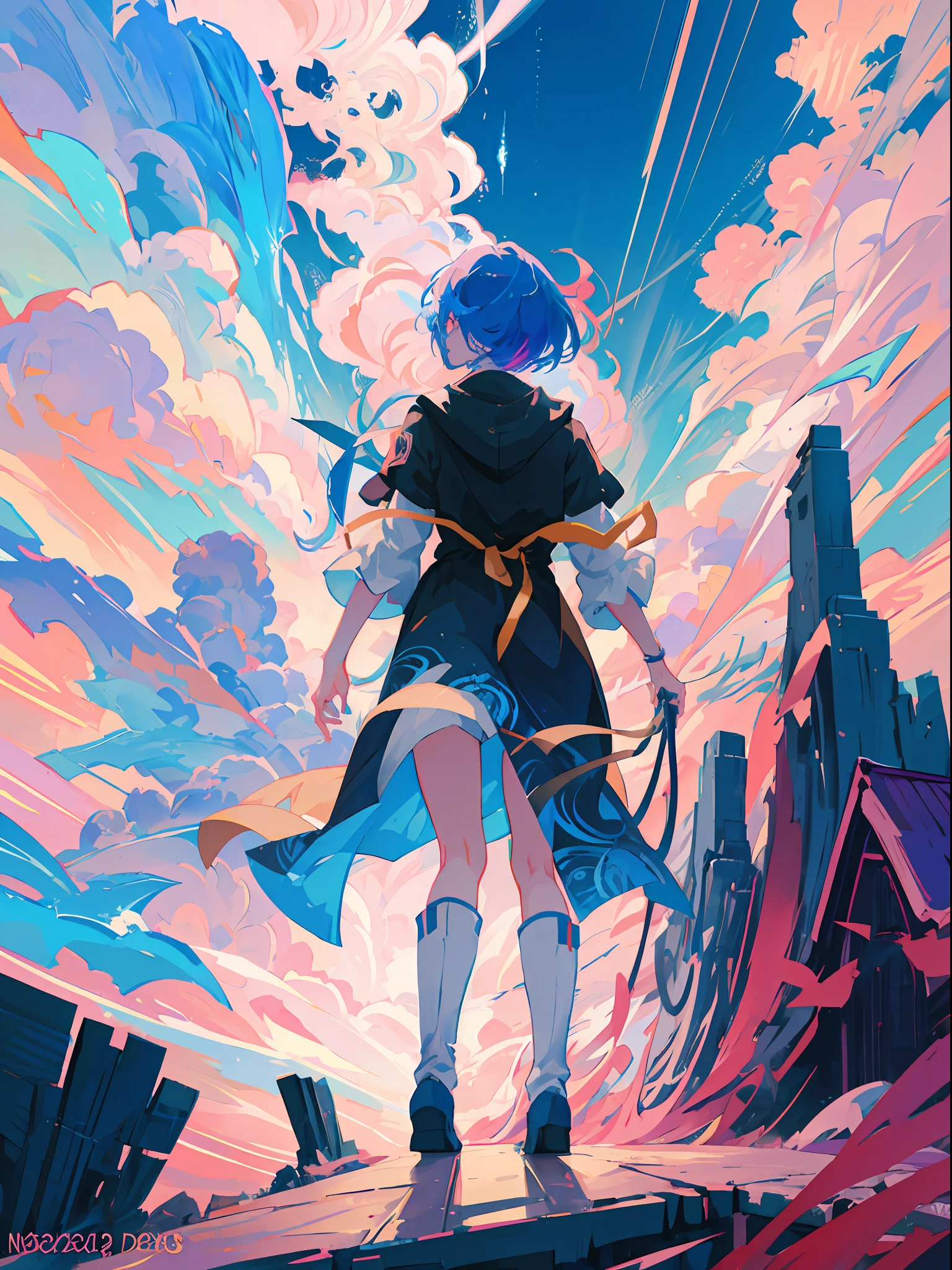 2D style High late night sky Colorful shooting stars in the night sky, Psychedelic sky, dreamy clouds, little girl looking up at night sky, girl in a quiet village, bright lights, anime art wallpaper 4K, Anime art wallpaper 4 K, Anime fantasy illustration, style of anime4 K, anime styled digital art, Beautiful anime artwork, Anime art wallpaper 8 K, beautiful anime art style, Best anime 4k konachan wallpaper, Digital anime illustration, Digital anime art，Best quality, Intricate details, Fantastic psychedelic background with lightning particles lightning