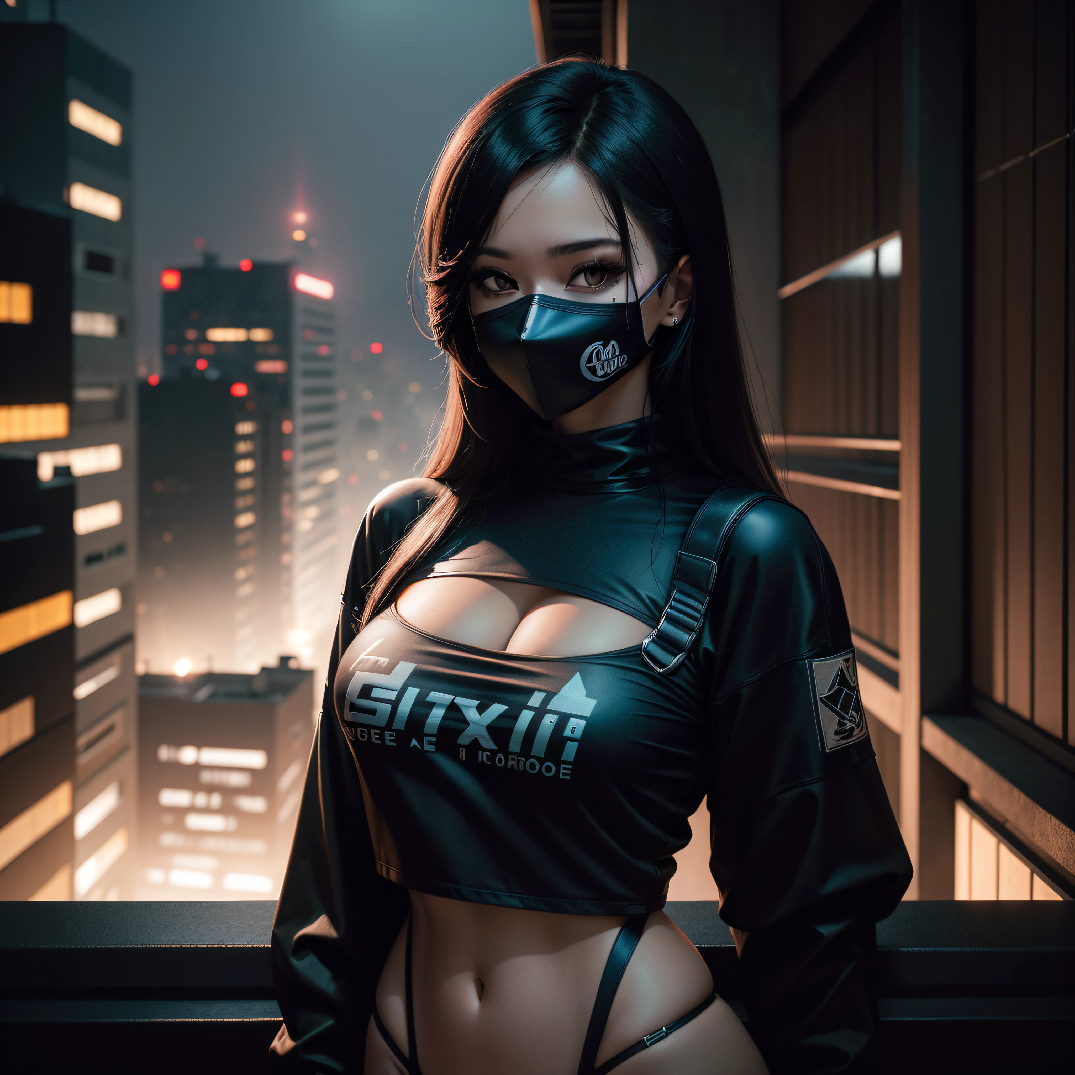 Woman in sexy pose wearing mask and black shirt standing on a balcony, noite, coreana, cidade ao fundo, vestindo streetwear, foco no personagem, luzes da cidade, Buildings, light fog between buildings, estilo fotografia anos 90
